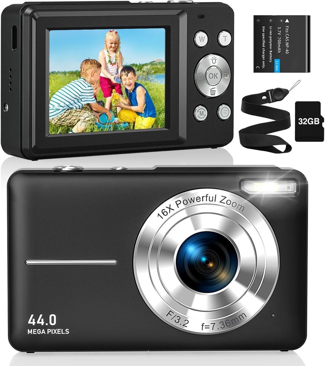 fotocamera, 1080p, 44 MP, met digitale zoom, 16 x compacte camera, draagbaar, vlogging digitale camera voor kinderen, jongeren en beginners