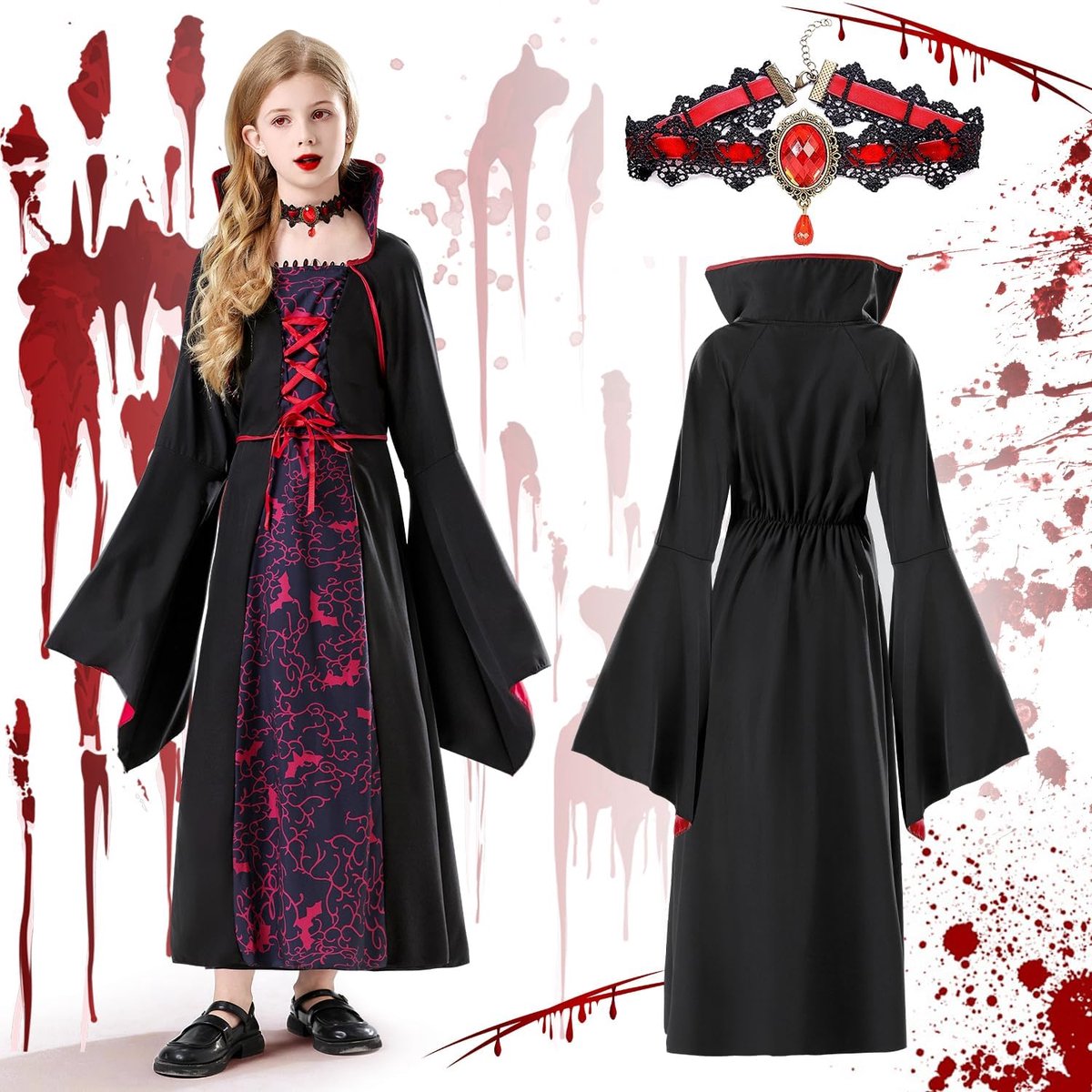 Vampierkostuum voor meisjes, gothic, vampierkostuum met halsketting, voor meisjes, Halloween, geschikt voor Halloween, carnaval, party, cosplay