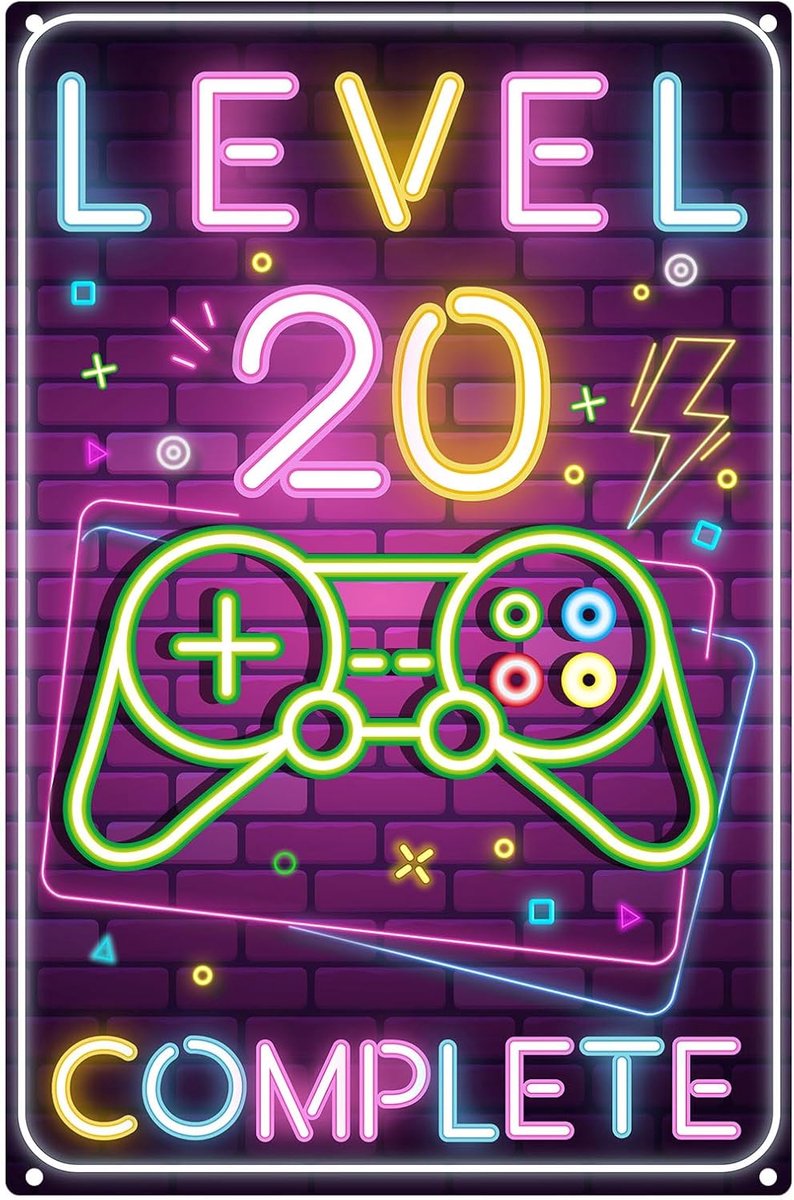 Level 20 Compleet 20 Jaar Tinnen Bord Cadeau Idee voor Gamers Leuke Verjaardagsdecoratie voor Spelers Verjaardagskaart 20 Vintage Metalen Bord 20 x 30 cm