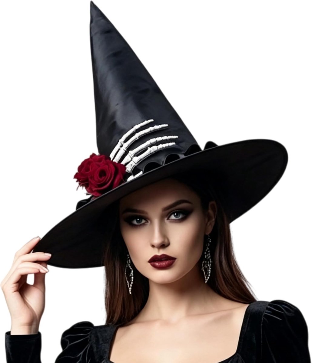 Zwarte Halloween hoed met brede puntige rand, Verkleedaccessoire voor volwassenen, Prop voor Halloween, Carnaval, Cosplay en maskerbal