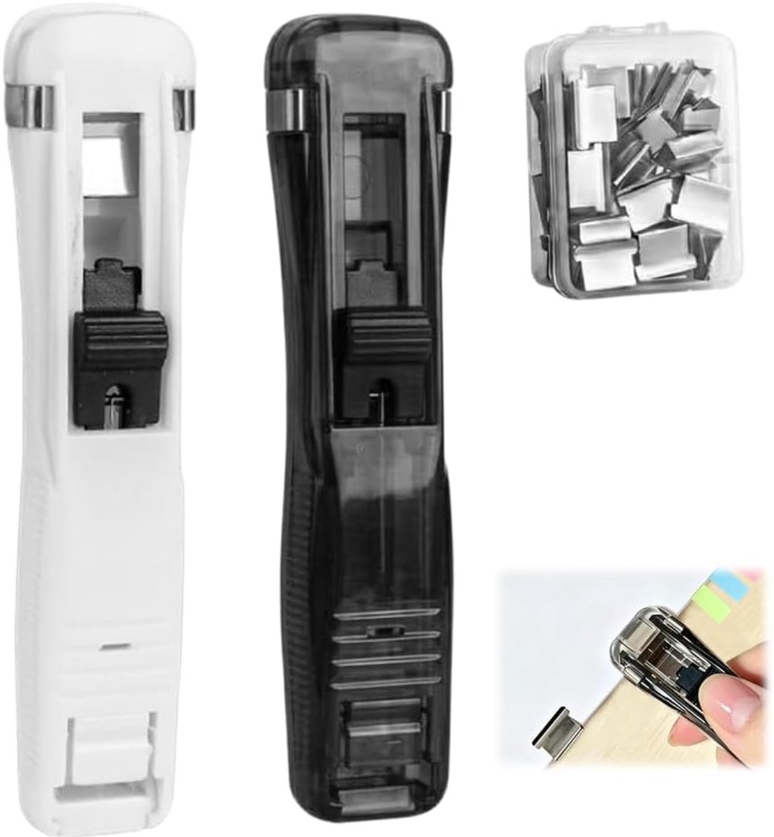 papercliphouder, 52-delige set: nietmachine / paperclips dispenser (zonder boren) en map.