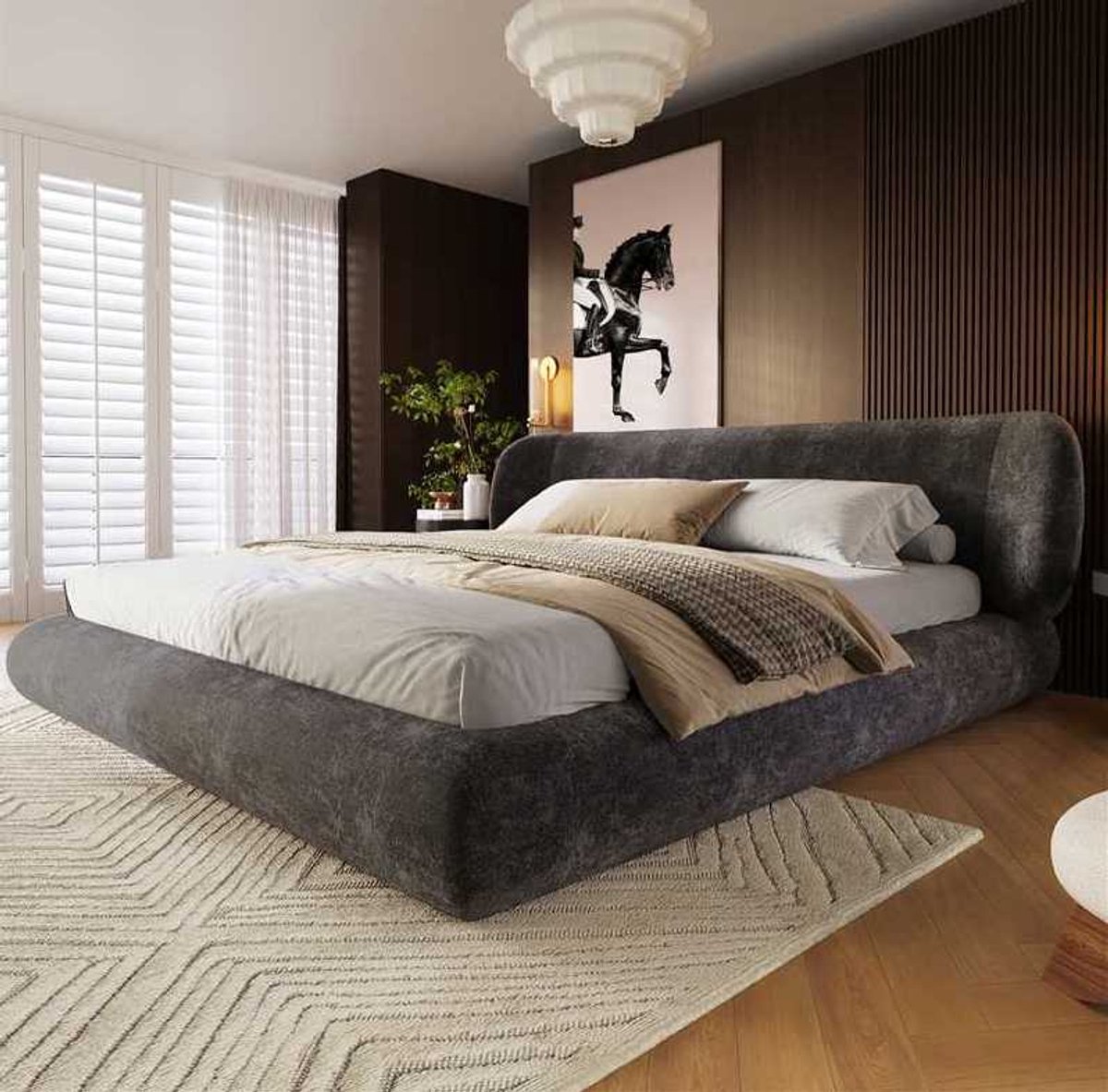 FloraGrace Gestoffeerd Bed 180 x 200 cm - Tweepersoonsbed Met Lattenbodem En Hoofdbord - Zonder Matras - Chenille - Grijs