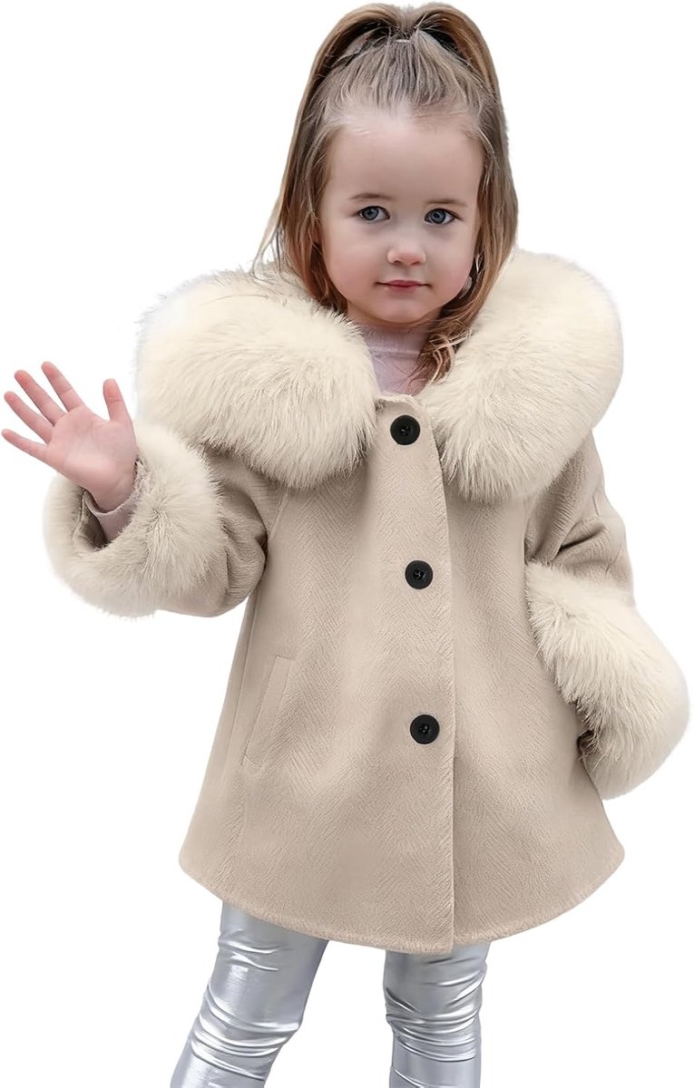 Winterjas voor meisjes van gewassen katoenen stof met versteviging, Winterjassen voor meisjes met lange mouwen met capuchon en kunstbontafwerking, Winterjas voor meisjes met zakken