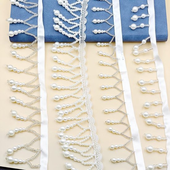 10 yards Kralen Lace Trim Linten Franjes Kralen Vintage Kant Bezet Kwastje Kralen Kwastpunt voor DIY Naaien Knutselen Bruiloft Party Bruidsjurk Kleding Decoratie, Wit B — afbeelding 4