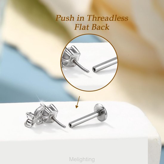 Draadloze Push Pin Labret Stud Vlinder & Bloem CZ Dangle Helix Oorbel 16G Kraakbeen Stud 316L Roestvrij Staal Platte Terug Piercing Sieraden 6mm/8mm Tragus Oorbel — afbeelding 3