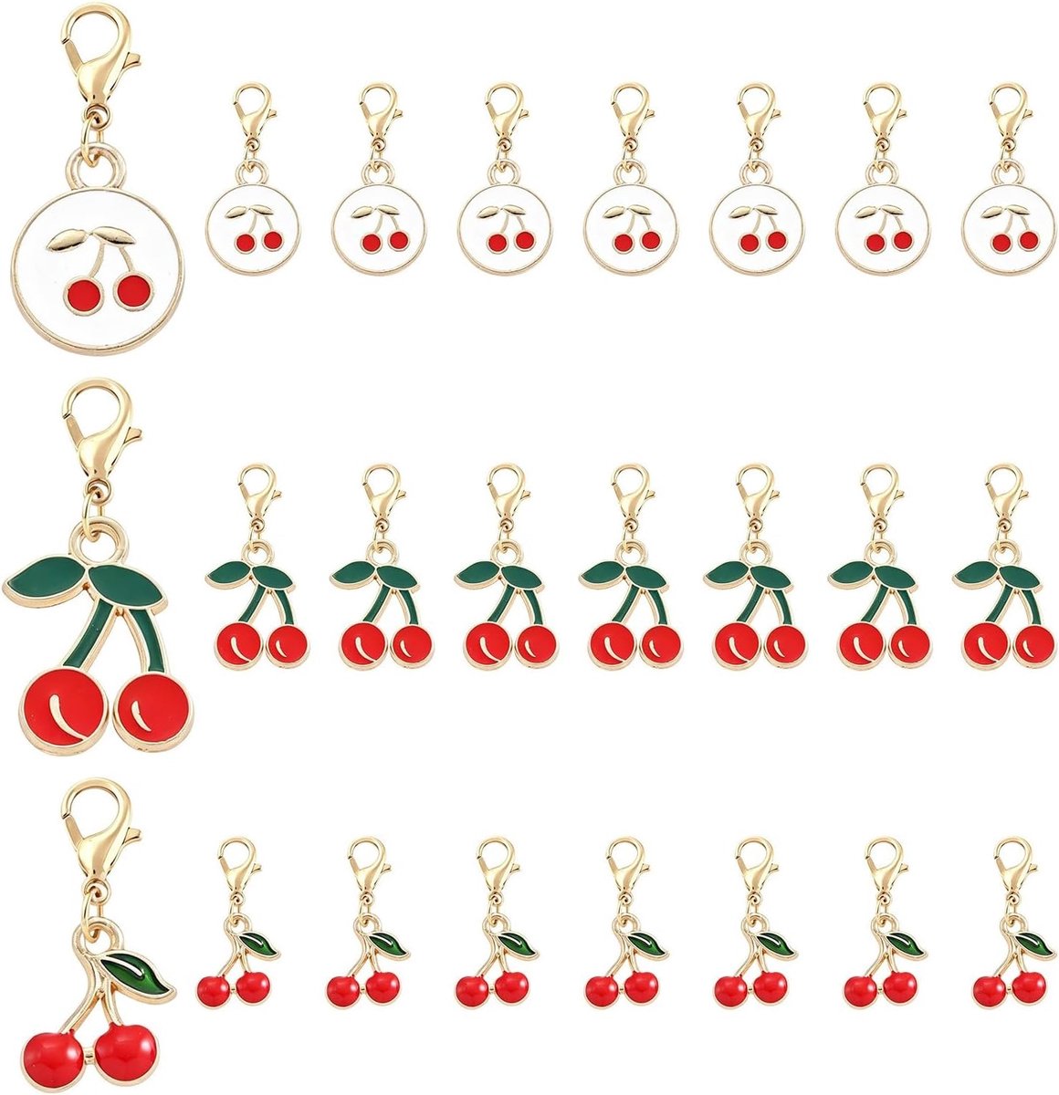 24 stuks sleutelhangers voor dames in kersenvorm, elegante sleutelhanger voor auto en tashanger, metalen accessoires voor sleutels, rugzakken en portemonnees, 3 stijlen voor details en