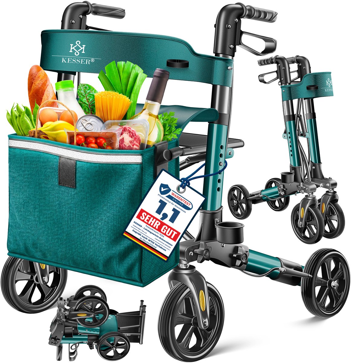 KESSER Rollator | Lichtgewicht & Inklapbaar | Looprek Opvouwbare aluminium rollator Licht loophulpmiddel - Petrol