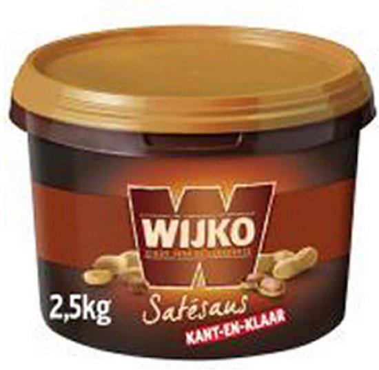 Bruine emmer van 2,5kg Wijko satésaus met bruine deksel en pinda-afbeelding.