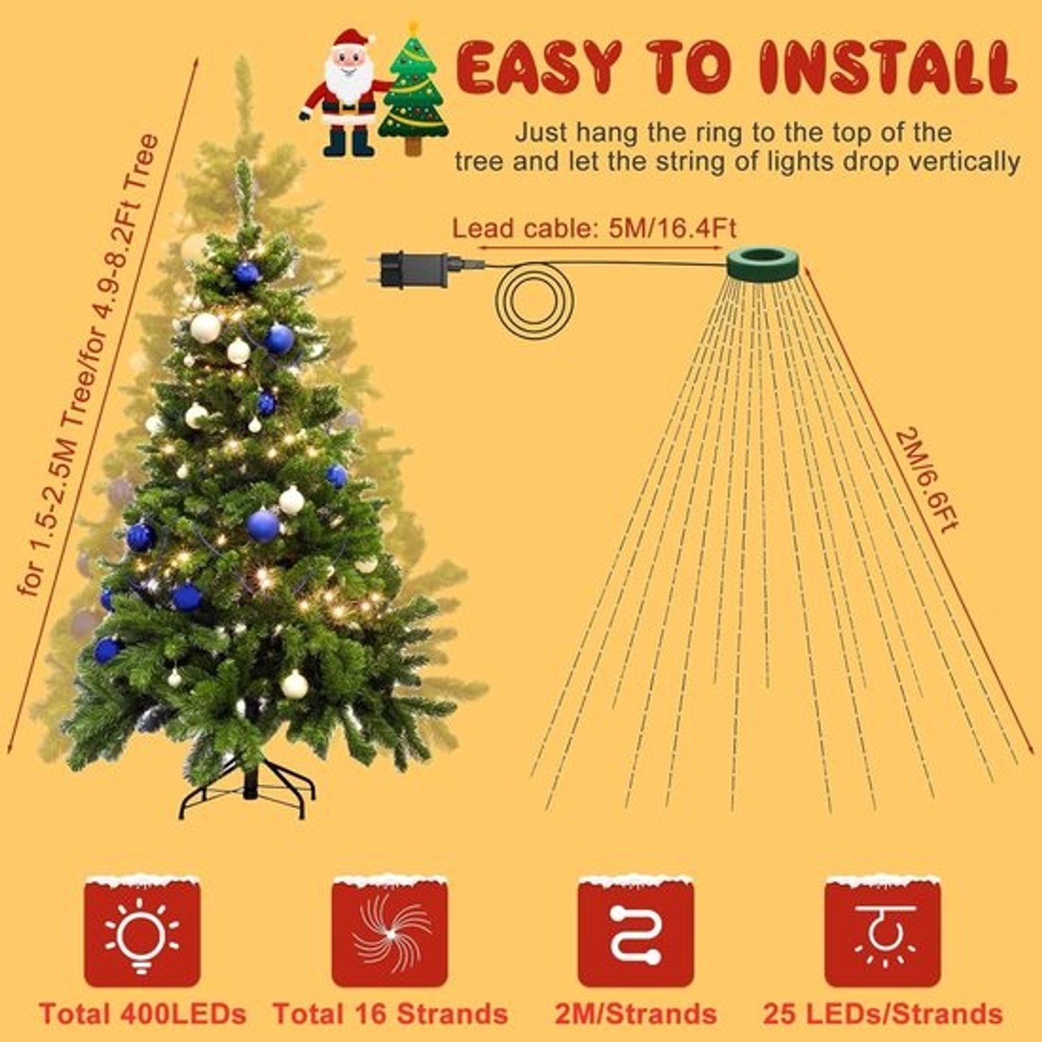 Ringvormige verlichting voor de kerstboom - 400 LED-lampjes aan slingers - Decoratie voor een warme sfeer - Voorzien van een timer - Geschikt voor 15-25m - Warmwit van kleur – foto 2