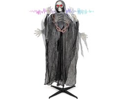 KOMFOTTEU Halloween Geanimeerde Sensenman Decoratie - 172 x 63 x 196 cm - Geanimeerde skeletdecoratie met ketting, lichtgevende ogen & griezelig geluid