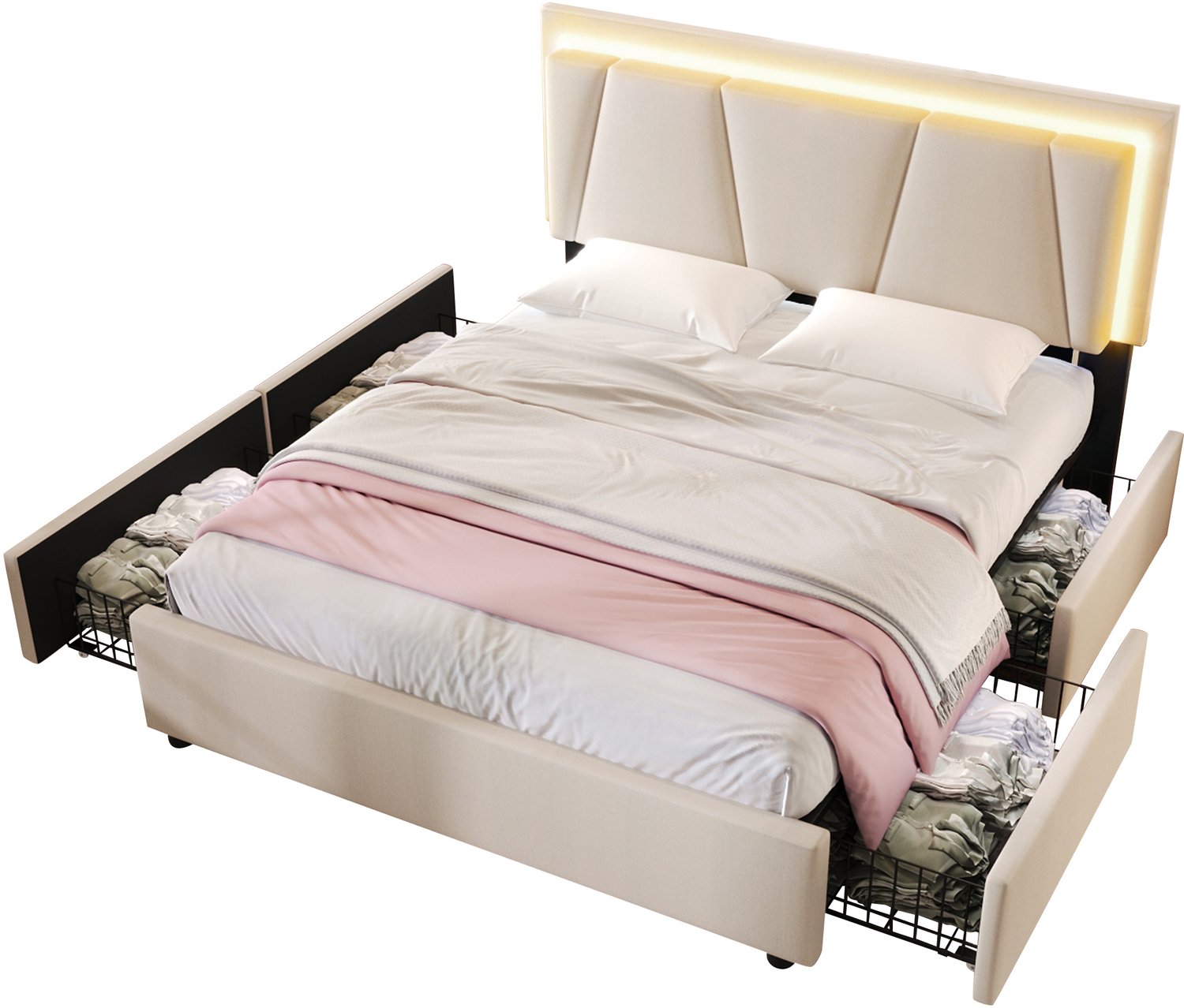 Gestoffeerd Bed 160x200 Met Opbergruimte - 4 Verrijdbare Lades En LED-Verlichting - Verstelbaar Hoofdbord - Houten Lattenbodem - Beige