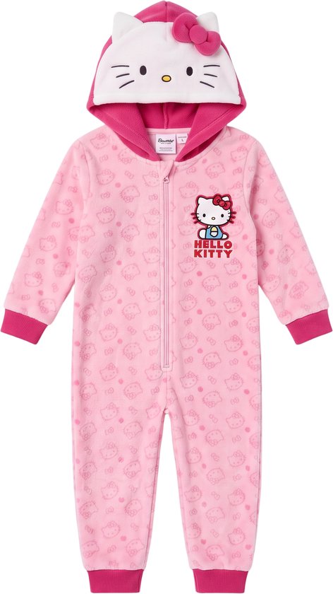 Roze Hello Kitty onesie met capuchon, all-over patroon, rits en Hello Kitty-logo op de borst.
