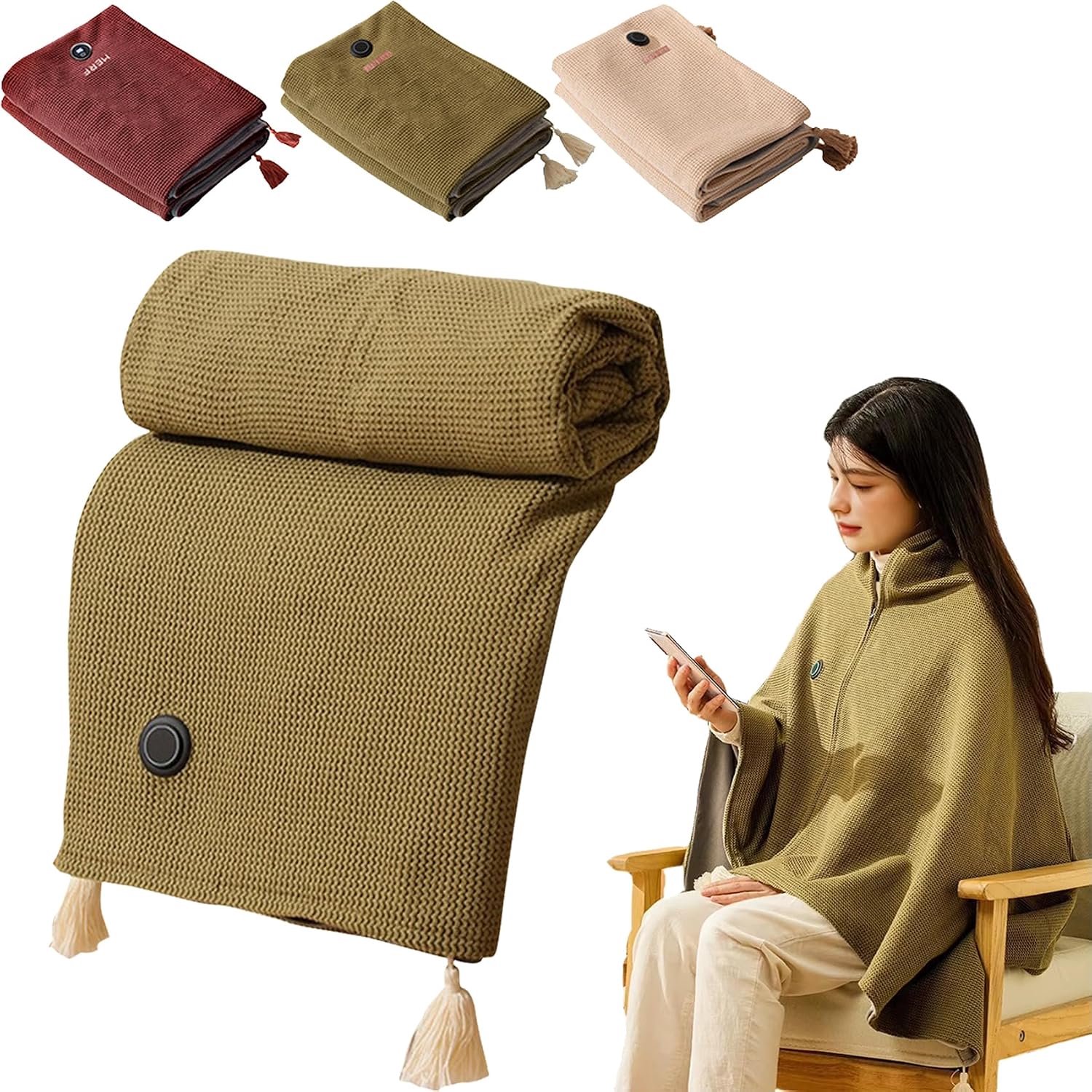 Draagbare verwarmde sjaal, verwarmde draagbare deken hoodie draadloos, verwarmde sjaal wraps voor vrouwen, verwarmde gooien deken elektrische, USB verwarming deken met 3 verwarmingsniveaus, 32X60 '' (groen)
