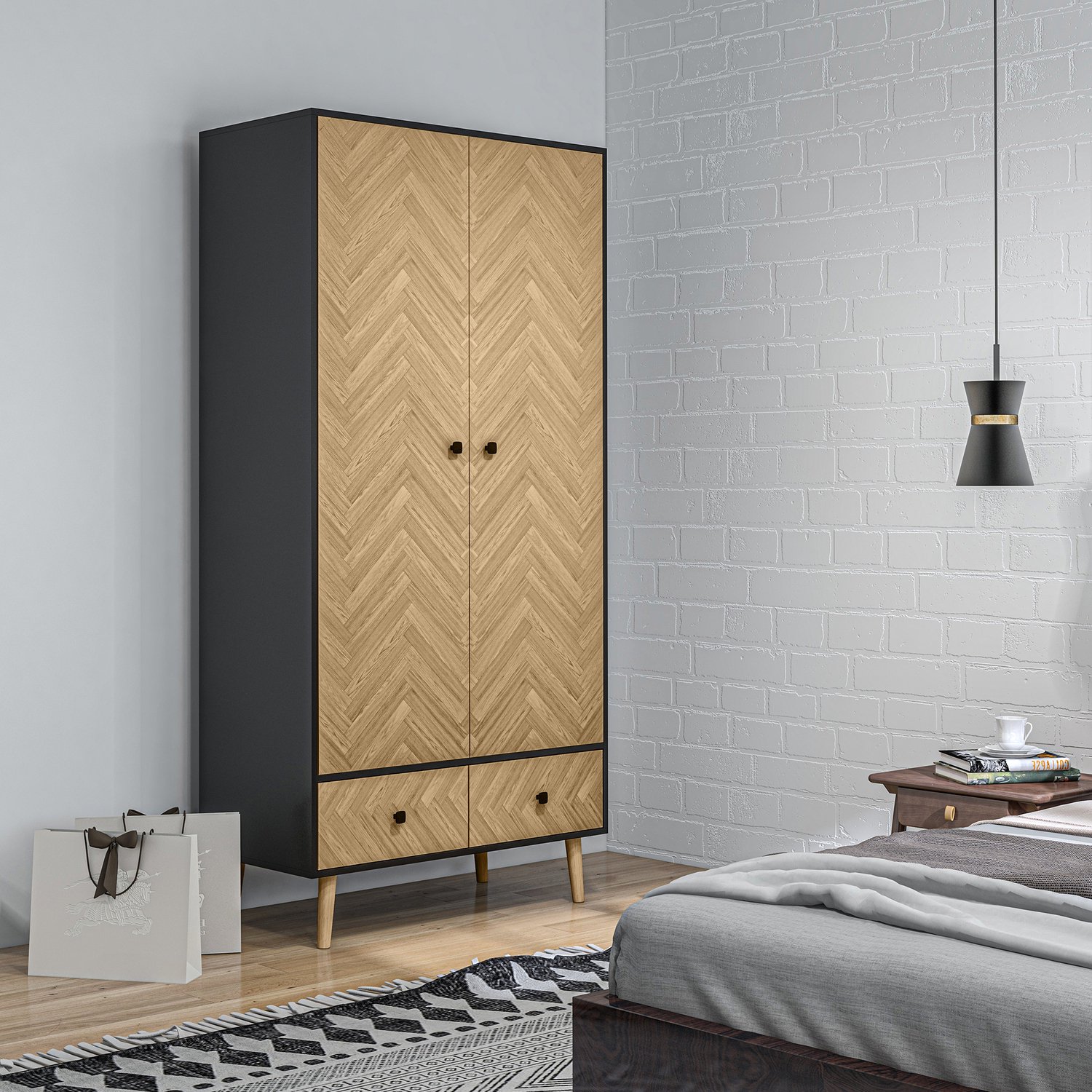 TEKROA® Kledingkast – Houten 2-deurs kledingkast - met 4 legplanken - 2 lades en kledingroede - donkergrijs – 90x50x190 cm