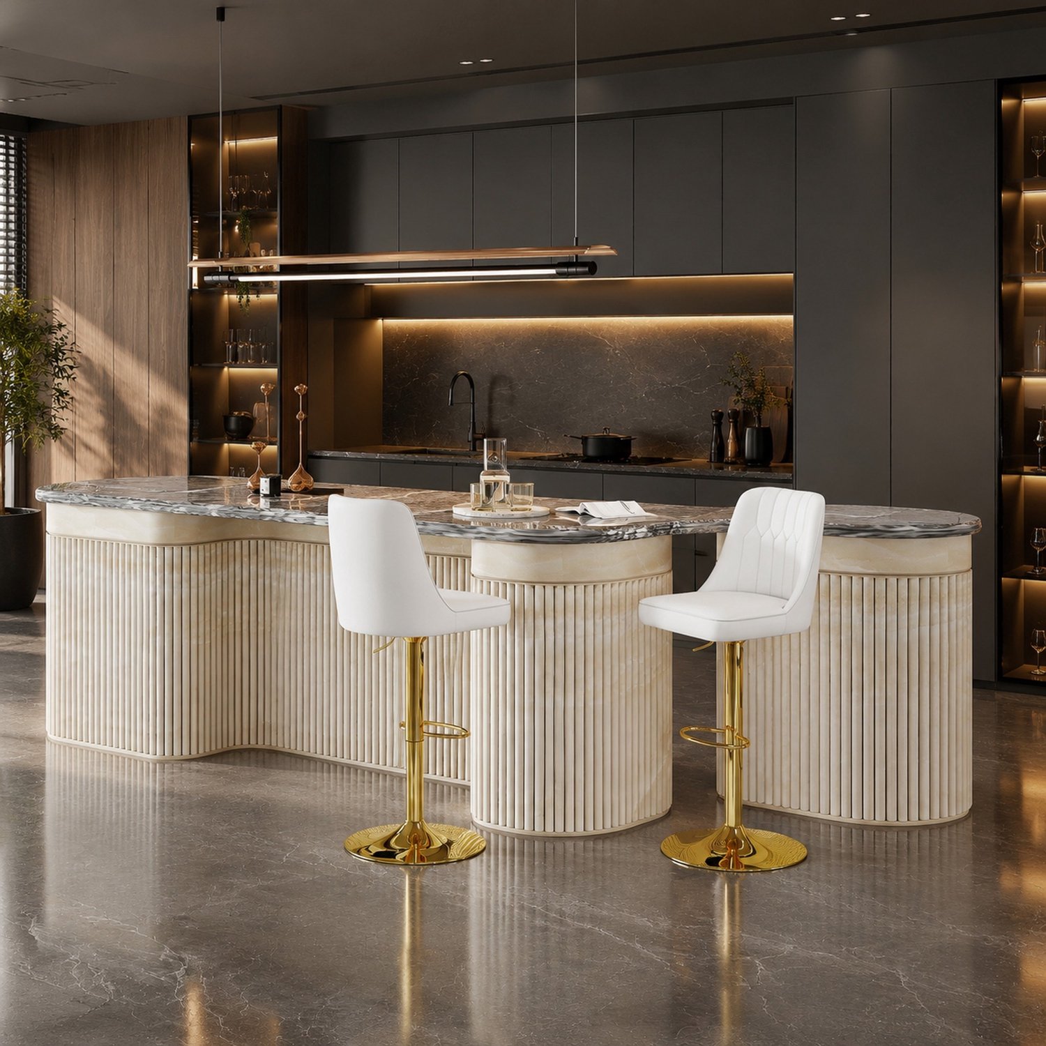 CHICFURN Barkruk - Set van 2 - Hoogte verstelbaar - Met rugleuning - Wit Wit en goud