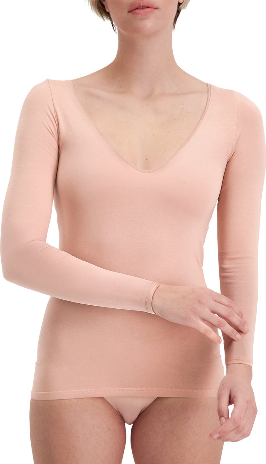 Noshirt Long Sleeve - Lite Cotton - Dames Ondershirt - Invisible Rose - Deep V - Maat XXL