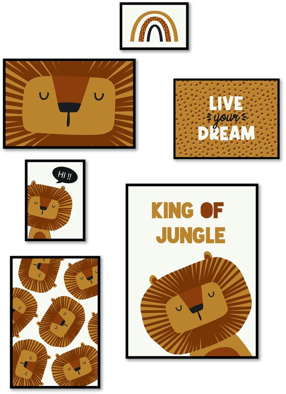 LA FACTORY - Posters voor de kinderkamer THE KING OF THE JUNGLE FUN, 6 lijsten - oranje