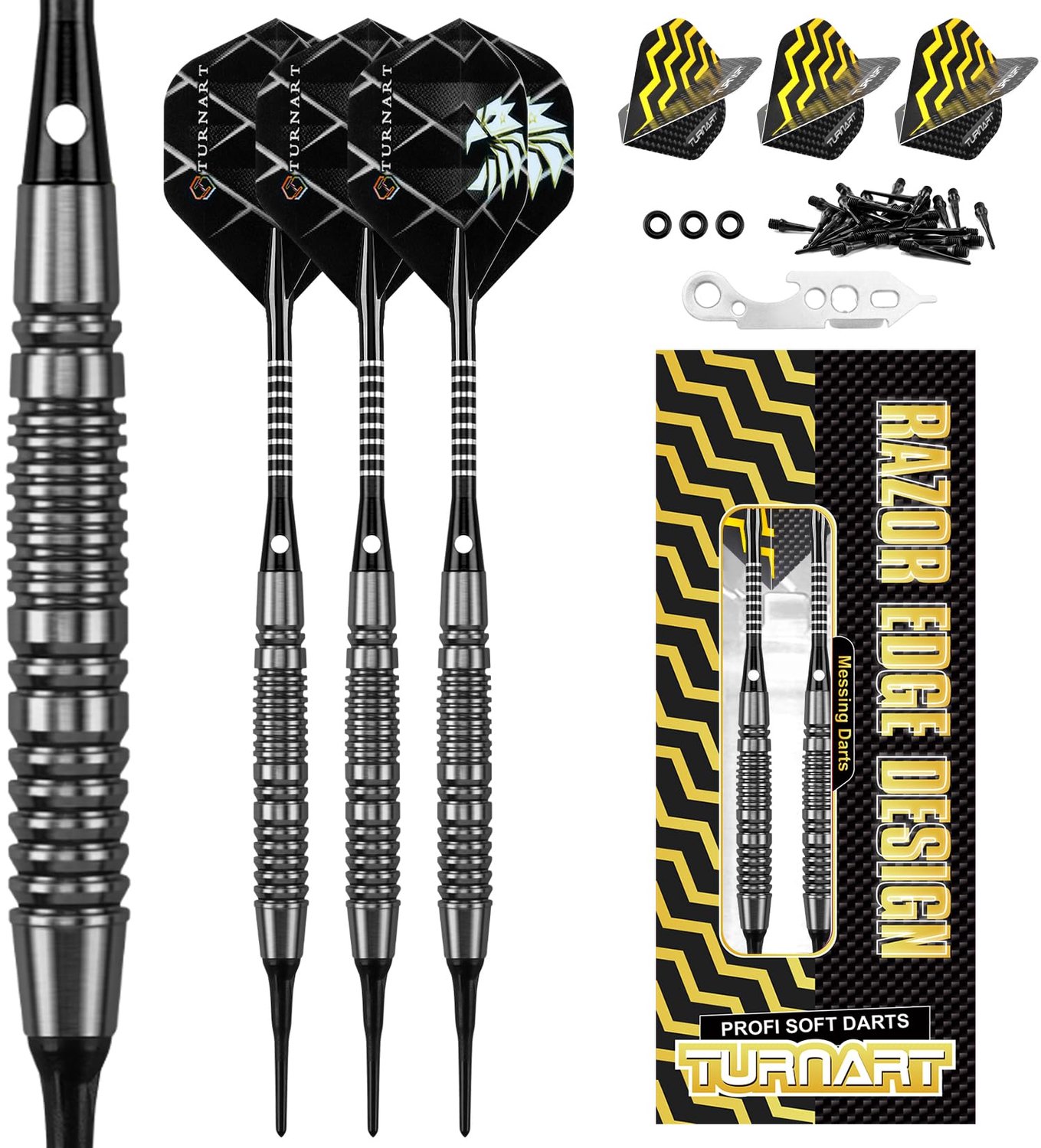 Dartpijlen met kunststof punt, 18 g messing softdarts, professionele dartpijlen voor elektronisch dartbord, dartset met 30 dartpijlen, 6 flights, 6 flights, 1 gereedschap en 3 O-ringen