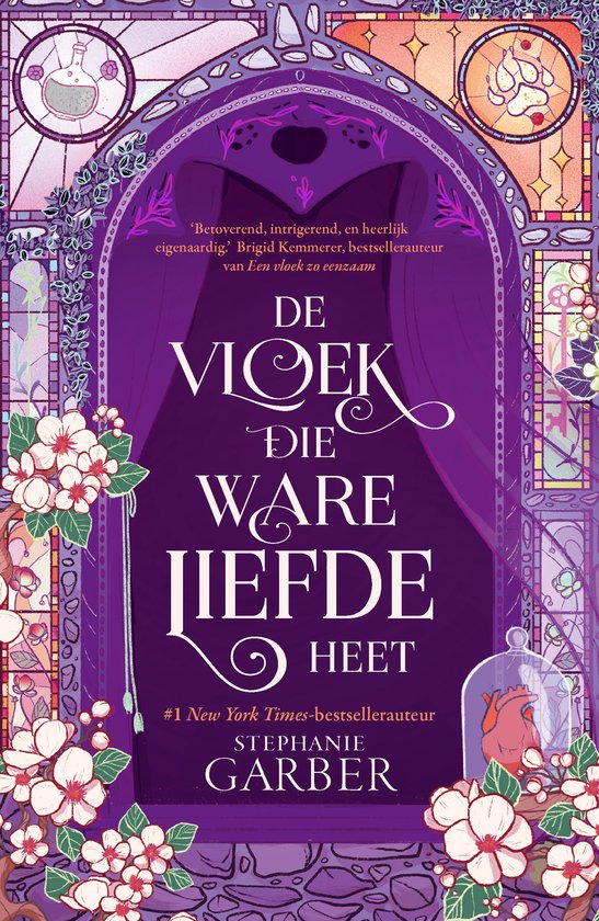 Couverture de livre avec une arche violette, des fleurs et un cœur sous cloche, titre en néerlandais.
