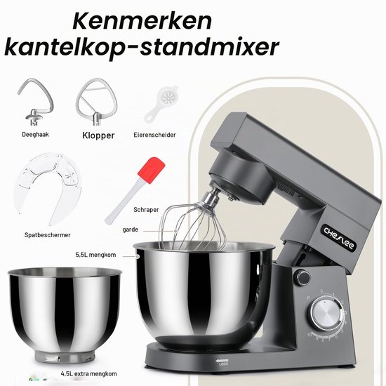 Standmixer 1500W Keukenmachine met 4,5L en 5,5L RVS Kommen met Menghaak,Deeghaak,Garde,10 Snelheden — afbeelding 2