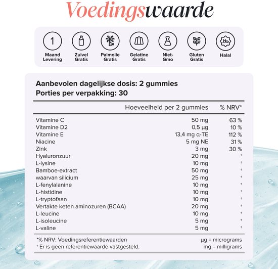 Voedingswaardetabel voor vegan collageengummies met ingrediënten zoals Vitamine C, BCAA's en hyaluronzuur.