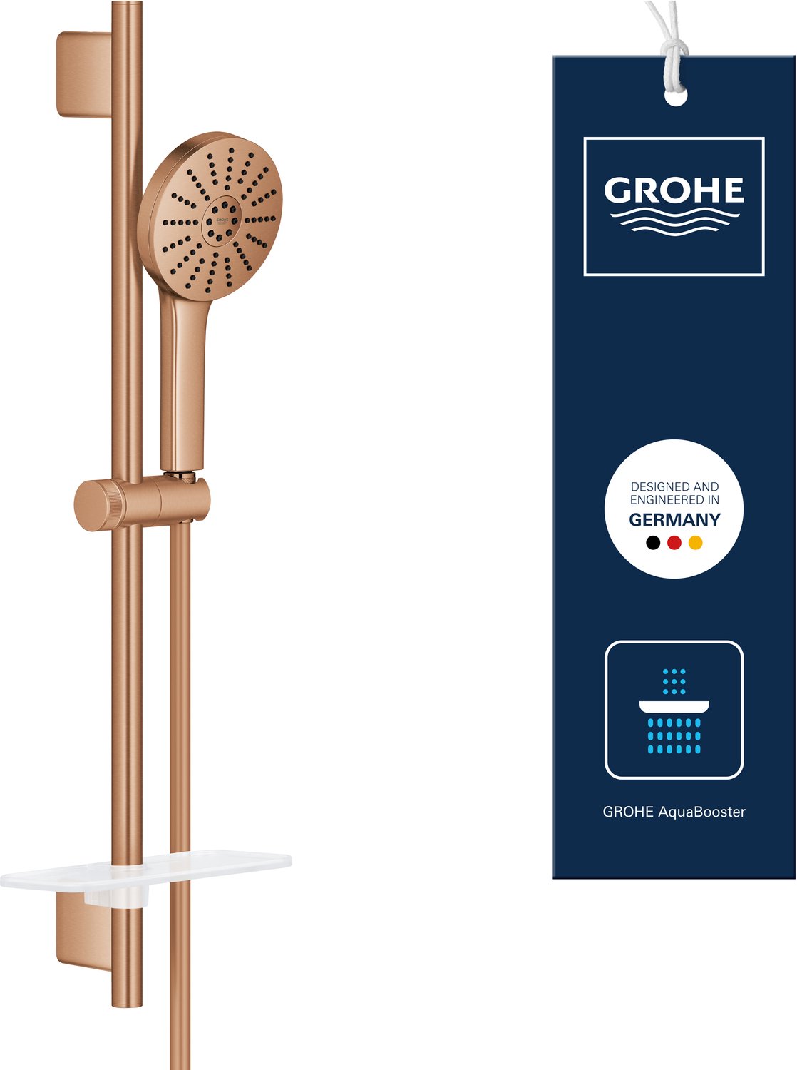 GROHE Vitalio Joy+ 120 Doucheset met Douchestang – Met Douchekop, Doucheslang & Zeepschaal – 3 Straalsoorten – AquaBooster – AquaCalibrator (7L/min) – Geborsteld Warm Sunset