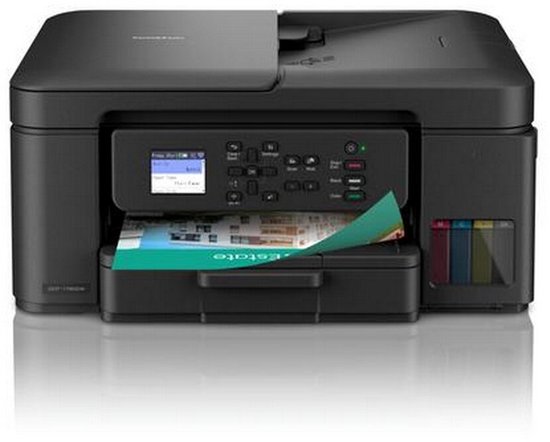 Zwarte Brother DCP-T780DW multifunctionele printer met lcd-scherm en zichtbaar inktreservoir aan de voorzijde.
