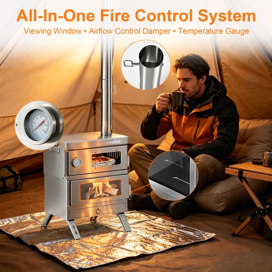 unho Tentkachel met oven - RVS houtkachel - Afneembare oven met thermometer - Zilver 5条 Highlights — afbeelding 4