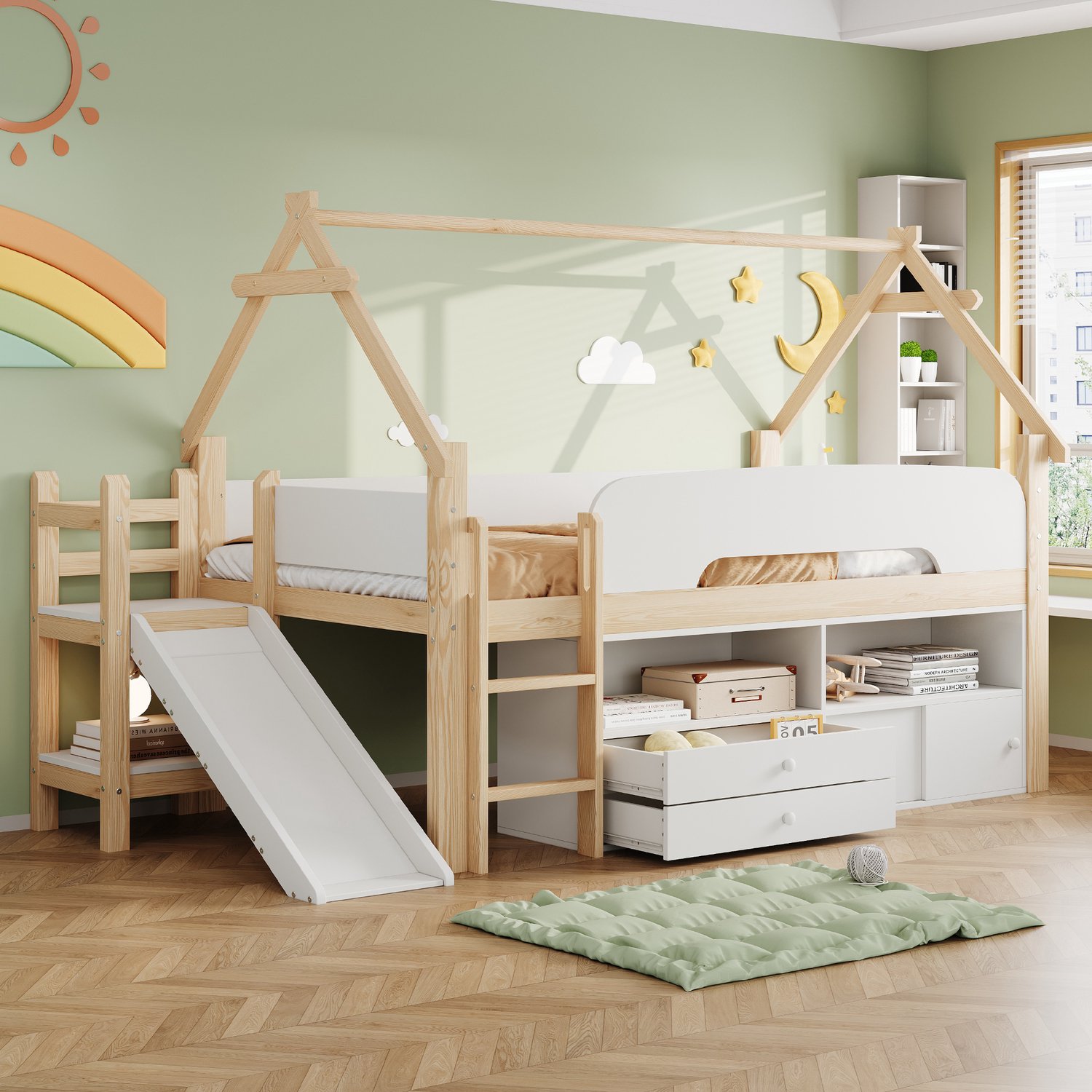 Kinderbed 90 x 200, met dakvormig frame, met veiligheidsglijbaan, met lades en veiligheidsleuning, speelruimte en opbergruimte, multifunctioneel bed eenpersoonsbed hoogslaper, houtkleur