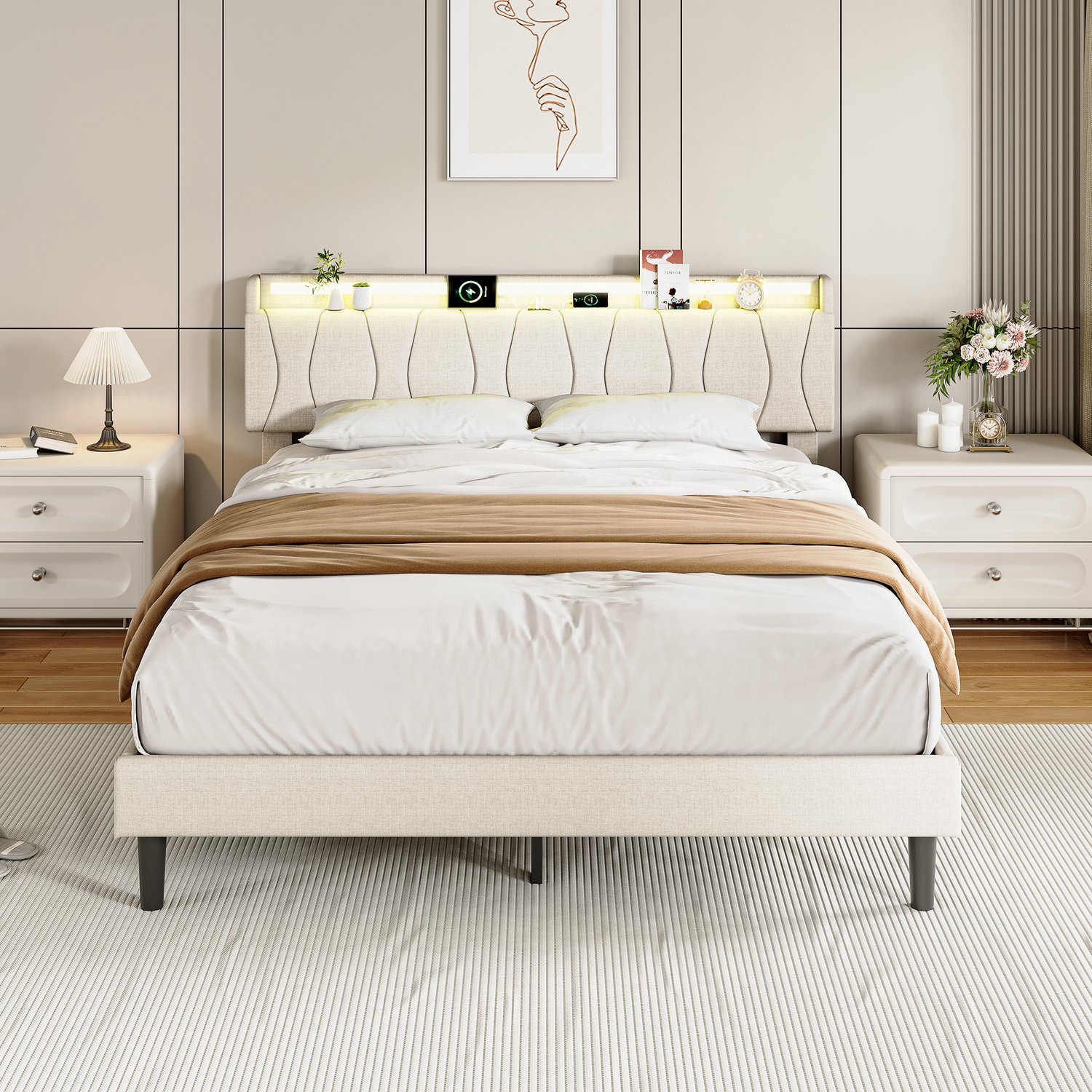 Gestoffeerd bed 140x200 cm, Tweepersoonsbed met Lattenbodem, hoofdbord met ledverlichting en USB- en Type-C-aansluiting, Beige Linnen, Zonder matras