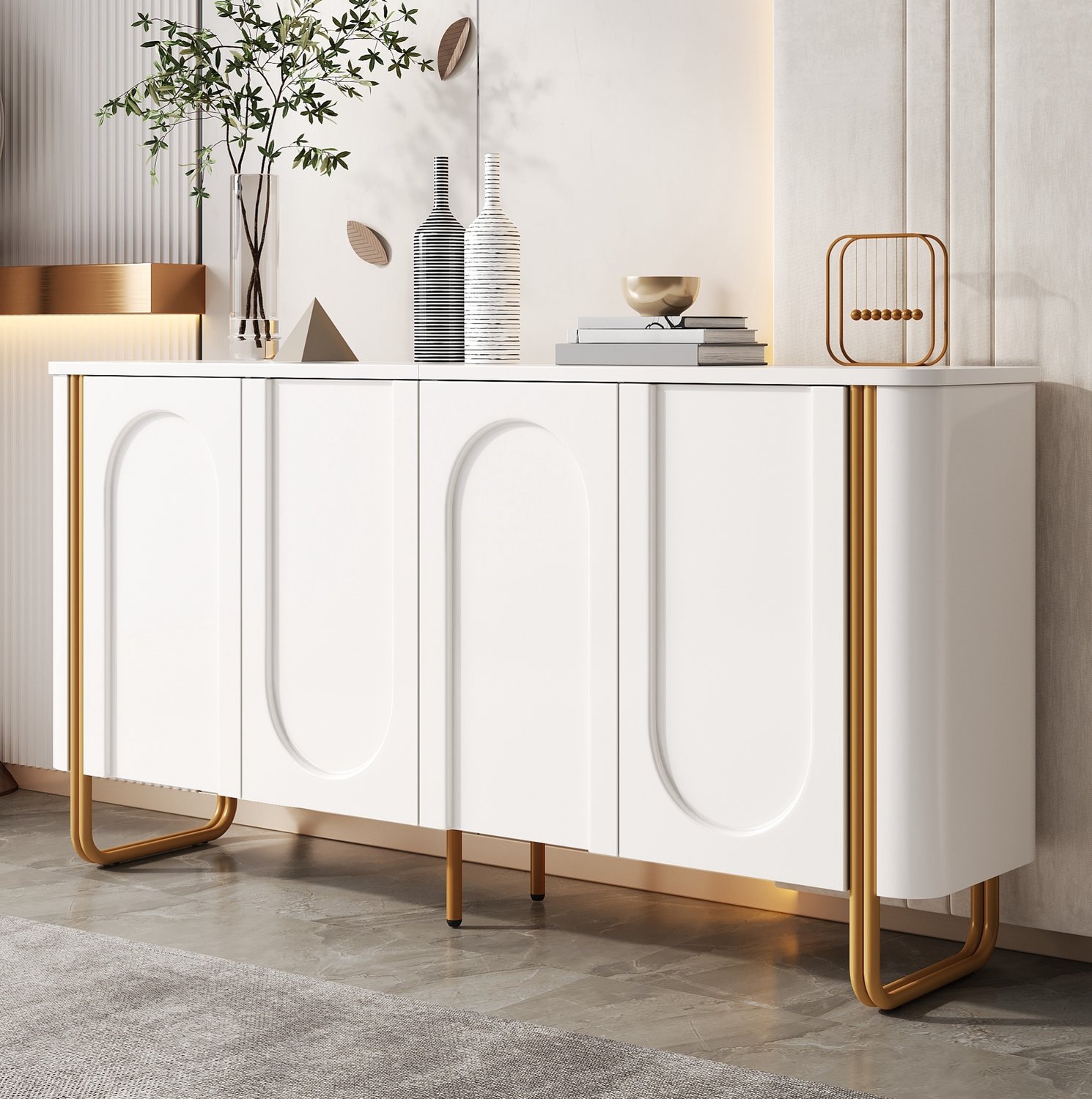 MODFU Dressoir - 4 Deuren - Push-To-Open - Boogreliëf - MDF - Wit - 160 Cm