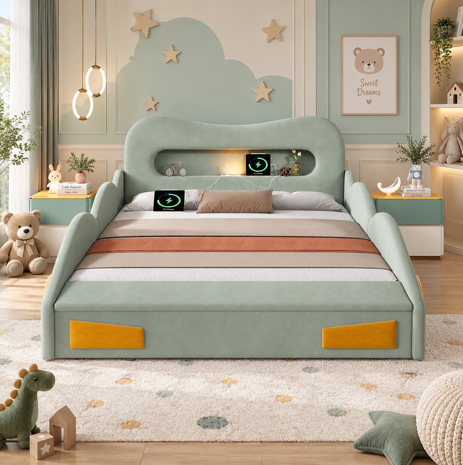 MIVRAY Kinderbed 140 x 200 cm - Autobed Met Leeslamp, Laadaansluiting En Opbergruimte - Zonder Matras - Flanel - Groen