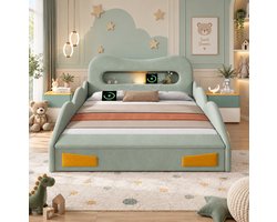 MIVRAY Kinderbed 140 x 200 cm - Autobed Met Leeslamp, Laadaansluiting En Opbergruimte - Zonder Matras - Flanel - Groen