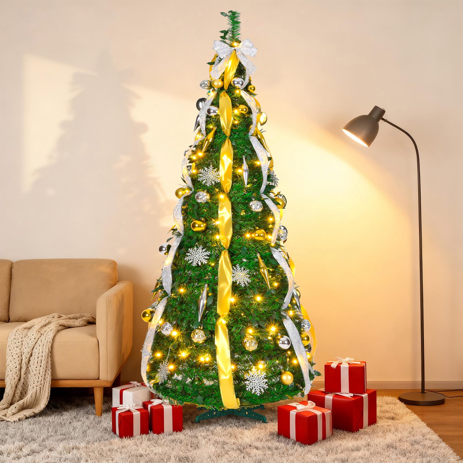 Pop-up Kerstboom 150 cm met 100 LED - 8 Lichtmodi - Goud & Zilver - Inclusief Kerstballen & Linten - Opvouwbaar - NAIZY – foto 6
