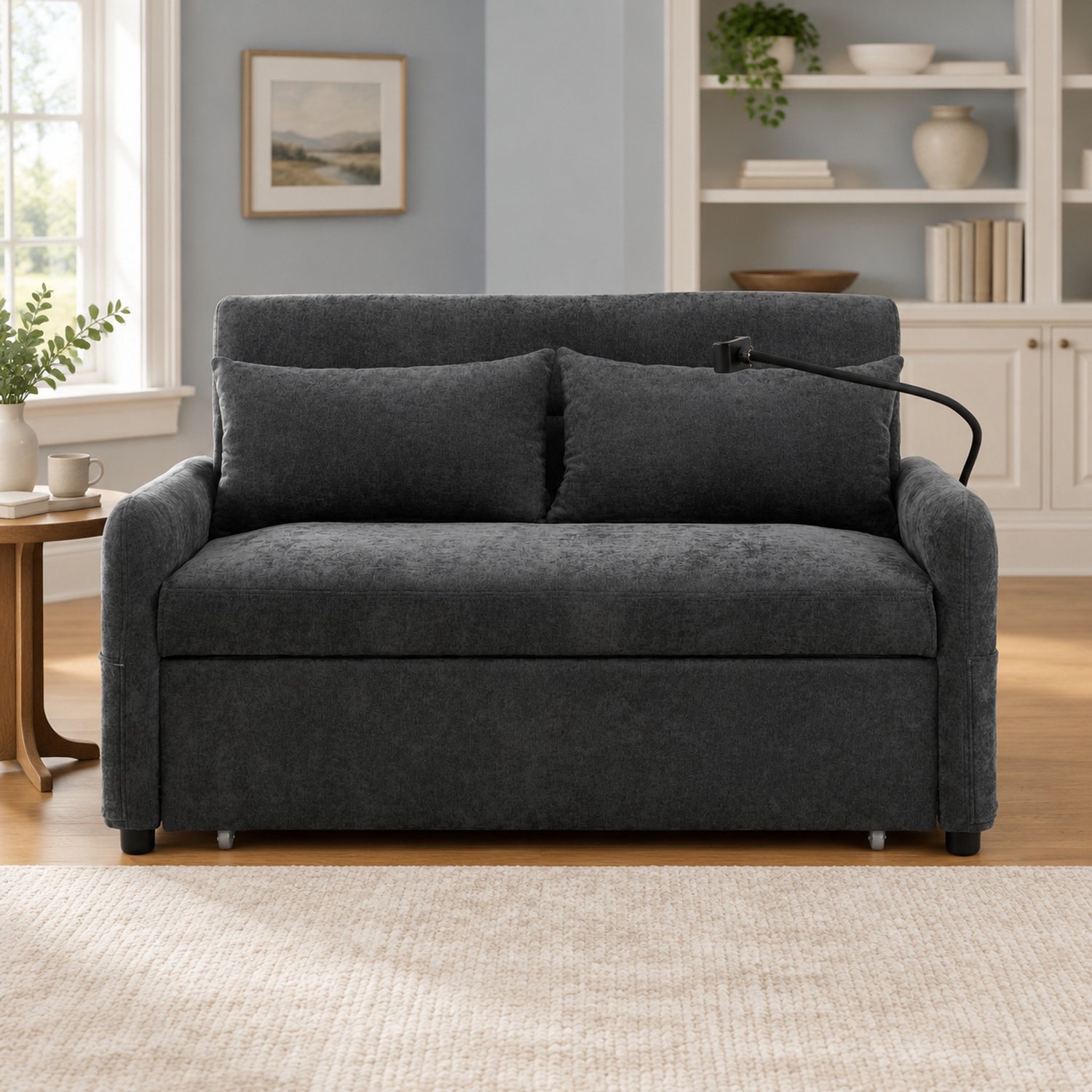 WUVRIE 2-zits slaapbank 129x76 cm - Verstelbare rugleuning, USB en telefoonhouder - Grijs