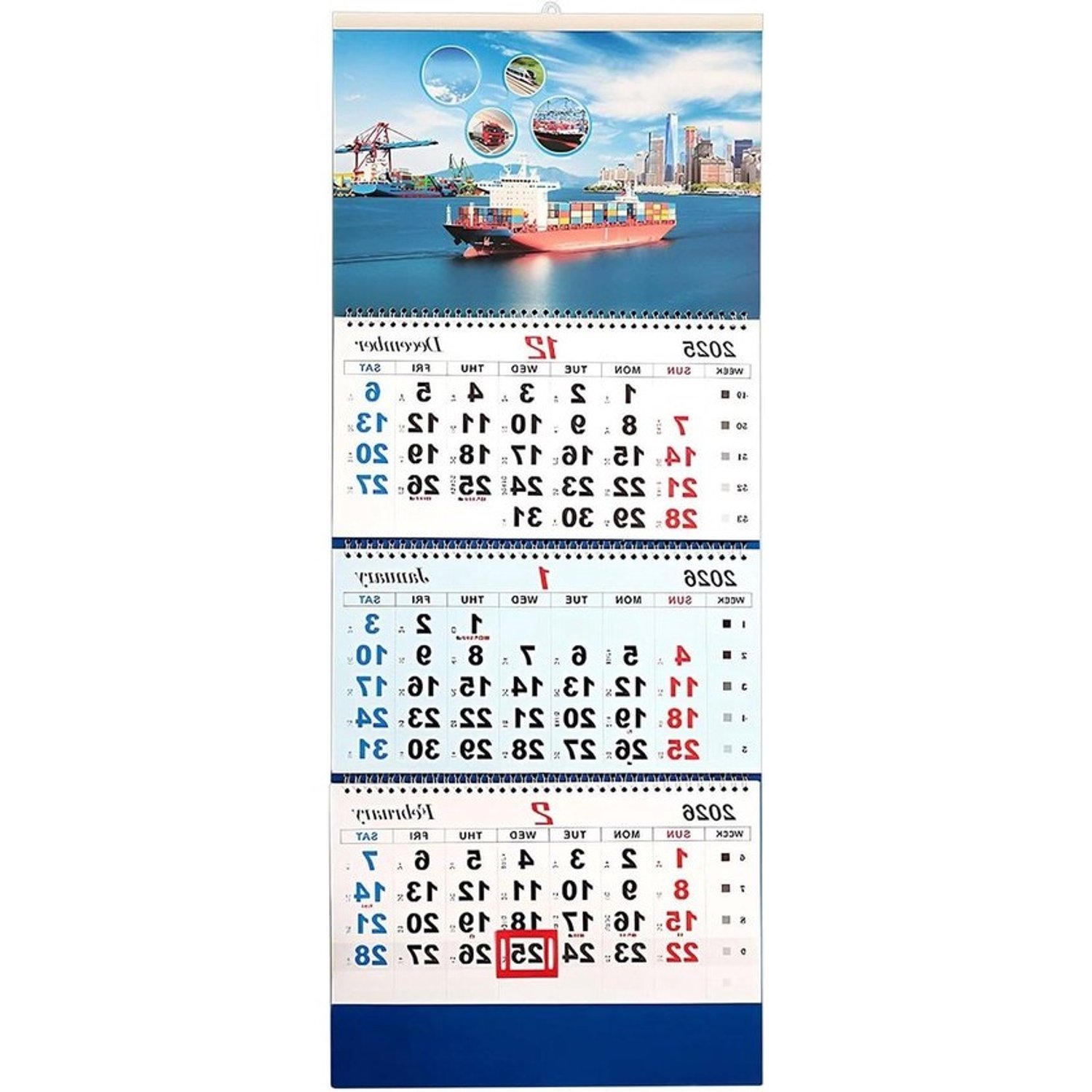 Jaarkalender 2026 - Maanplanner aan de muur - Plannen voor huis en kantoor - Opvouwbaar maandoverzicht - 83 x 33 cm - Blauw