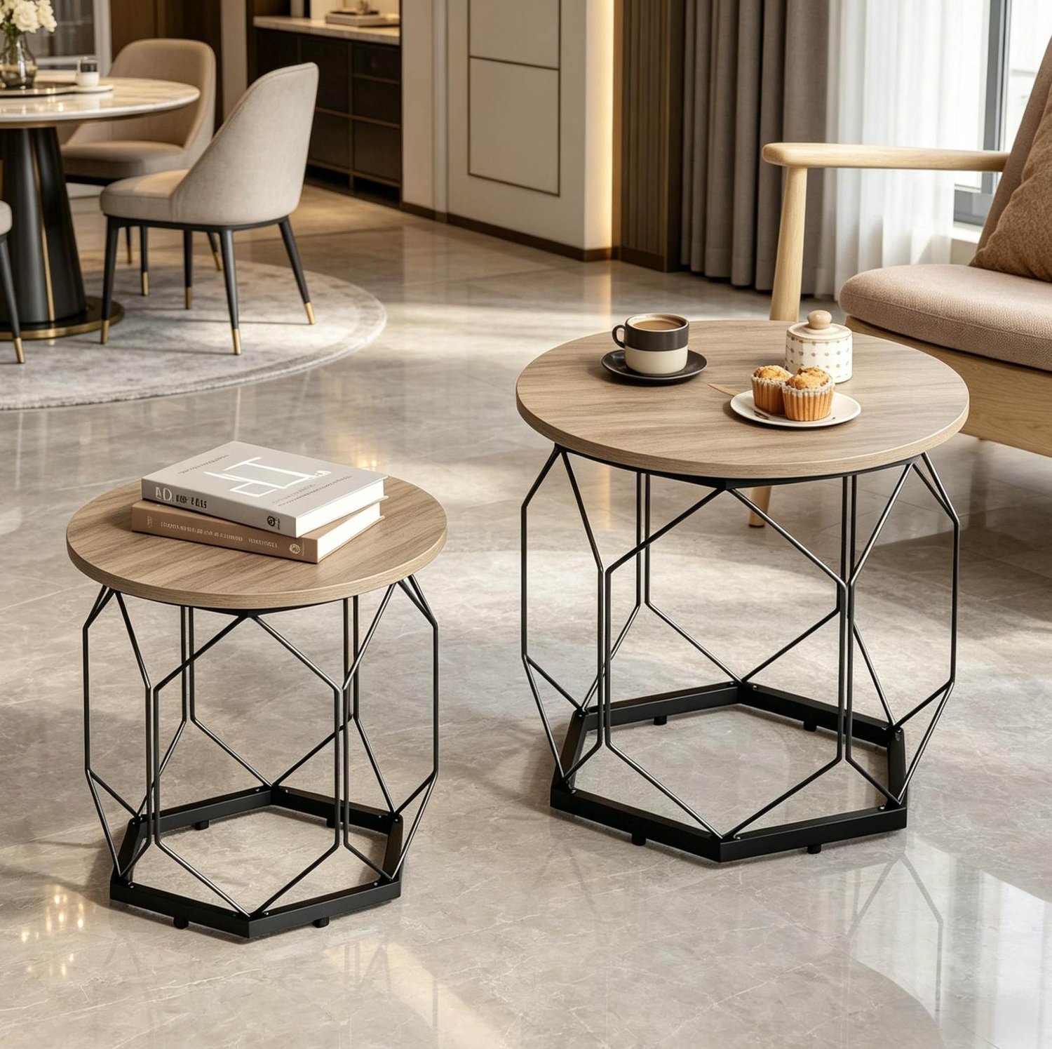 WUVRIE Set van 2 ronde bijzettafels - Afneembare tafelbladen en opbergruimte - Grijs/houtlook Grijs, houtlook