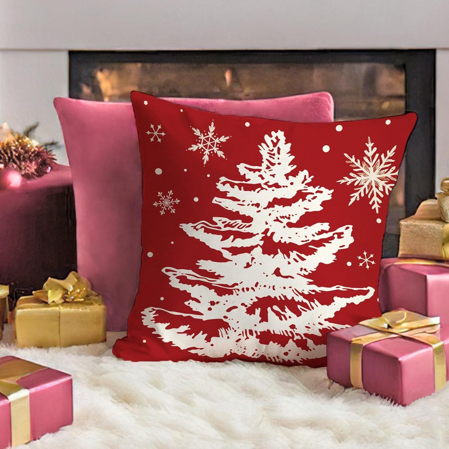 Set van 4 - Kerst kussensloop - Kussenhoes - Kerstkussenslopen - 45 x 45 cm - Kerst decoratie - Kussenhoesjes - Winter vakantie kerstdecoratie - Thuis bank kussen - Binnen decoraties - Voor decoratie Kerstmis, bank, slaapkamer - Polyester - Rood – foto 4