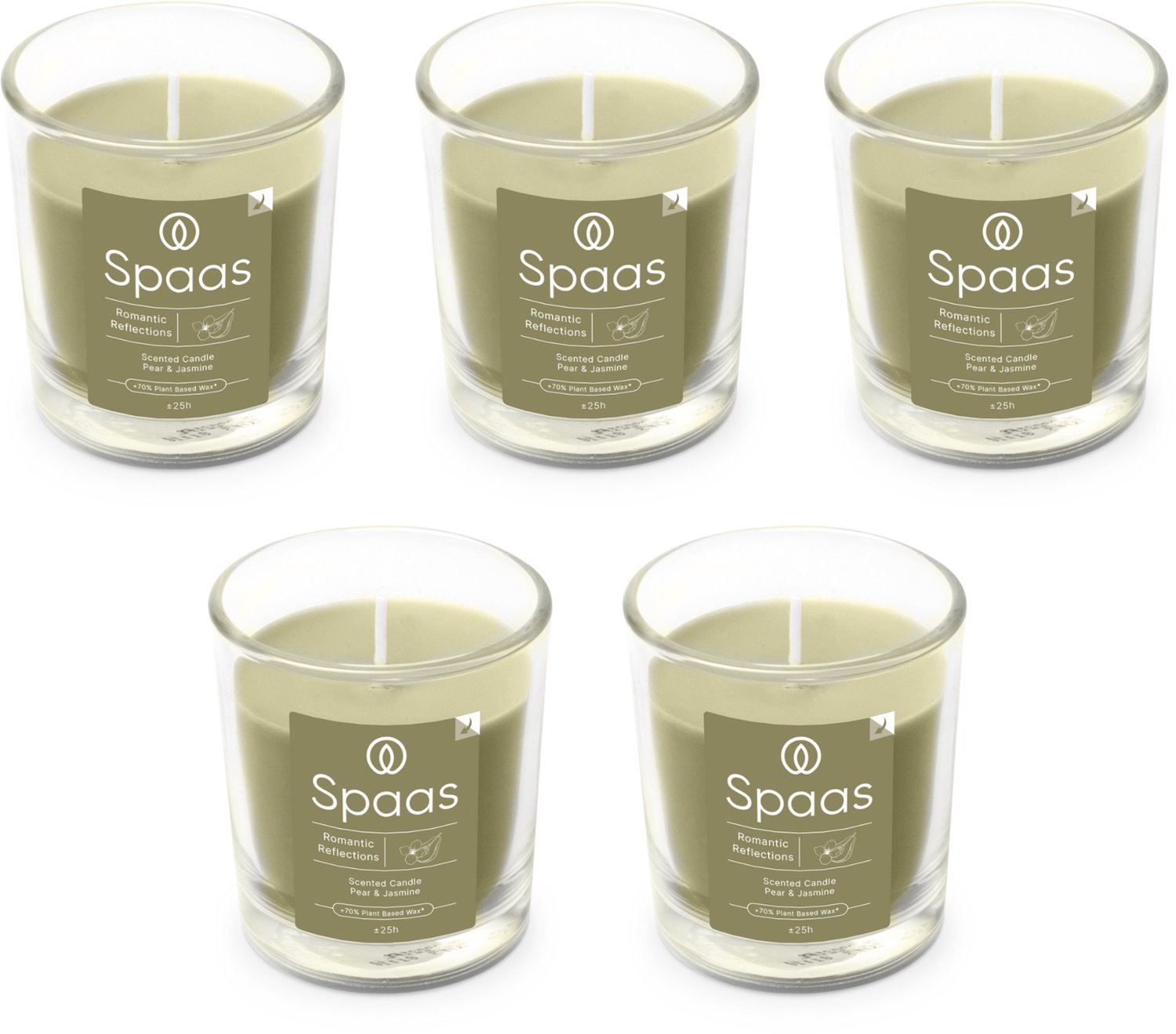 SPAAS Geurkaars in glas - Set van 5 kaarsen - Peer en Jasmijn - circa 25u - Romantic Reflections Olijfgroen