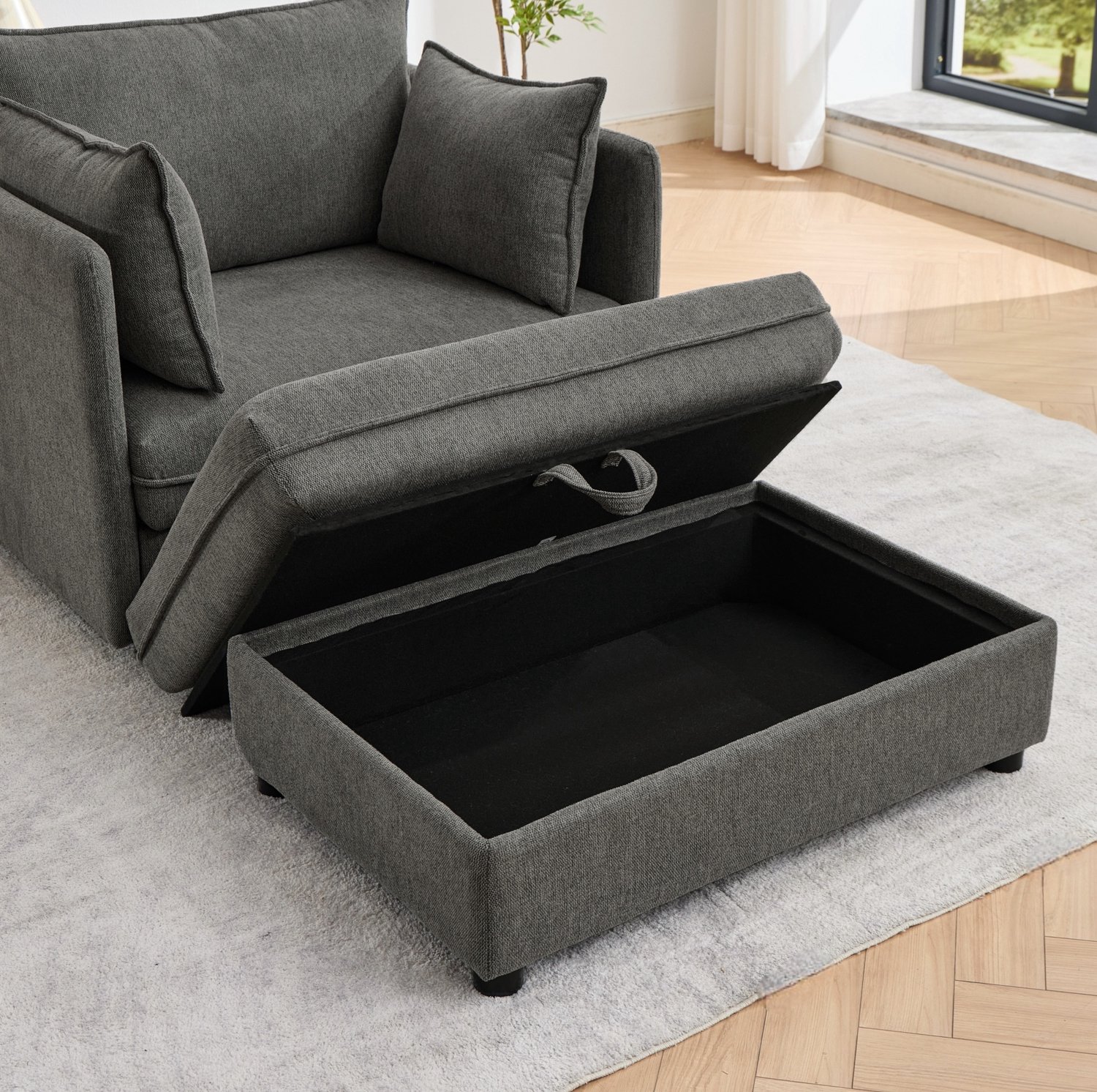 FloraGrace Fauteuil 103,5 x 149 cm - 1-Zits Loungestoel Met Opberghocker - Voor Kleine Ruimtes - Velvet - Grijs