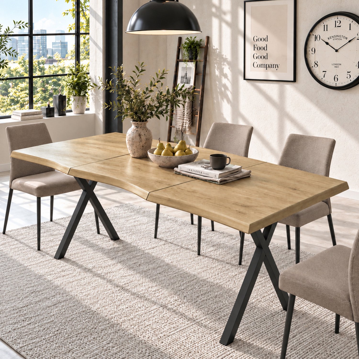 MIVRAY Eettafel - Golvende Rand Met X Vormige Poten - Voor 4 Tot 6 Personen In Eetkamer - MDF En Metaal - 160 x 78 x 75 Cm - Houtkleur