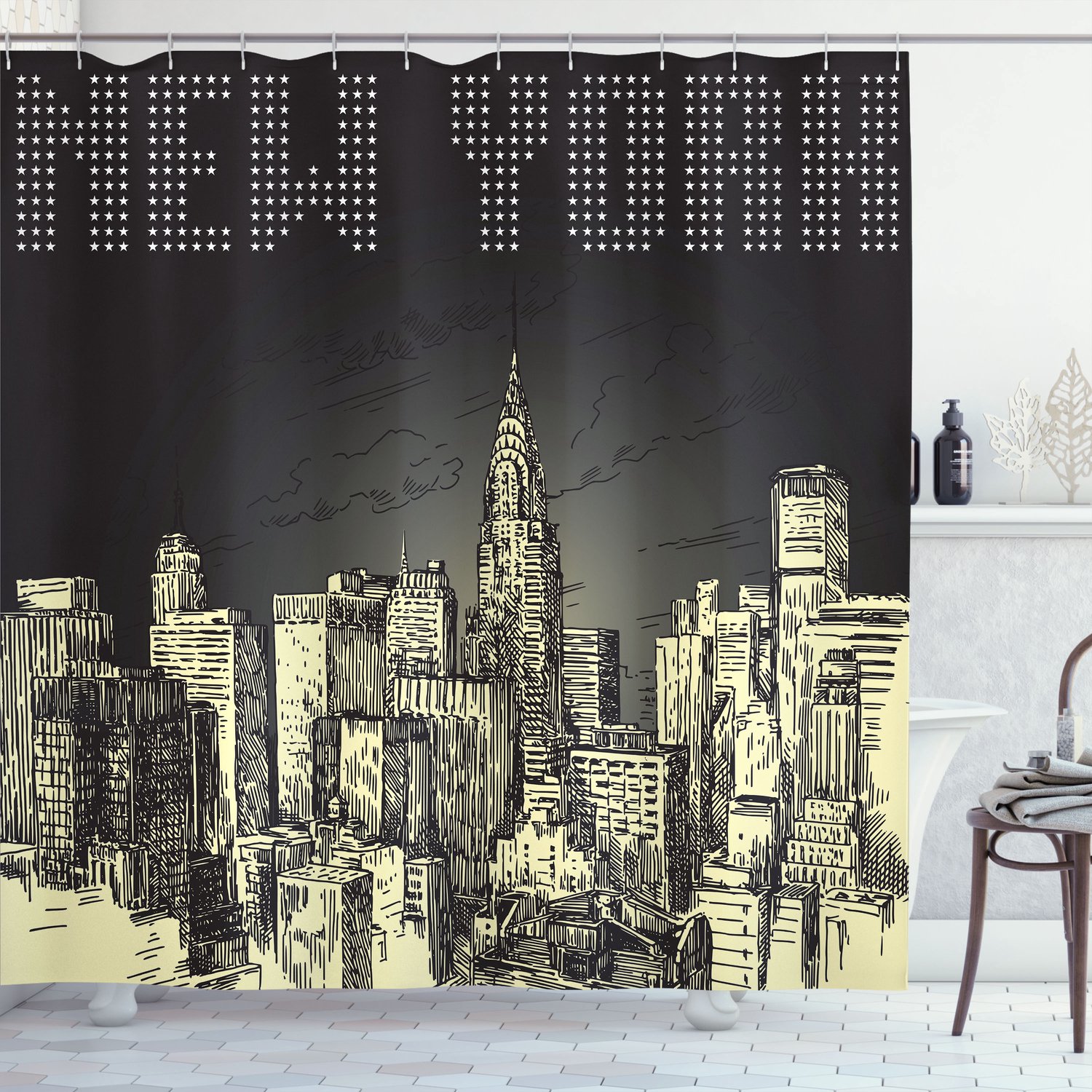 ABAKUHAUS New York Douchegordijn, Grunge Empire State NYC, Stoffen Badkamerdecoratieset met Haken, 175 x 240 cm, Grijs Geel