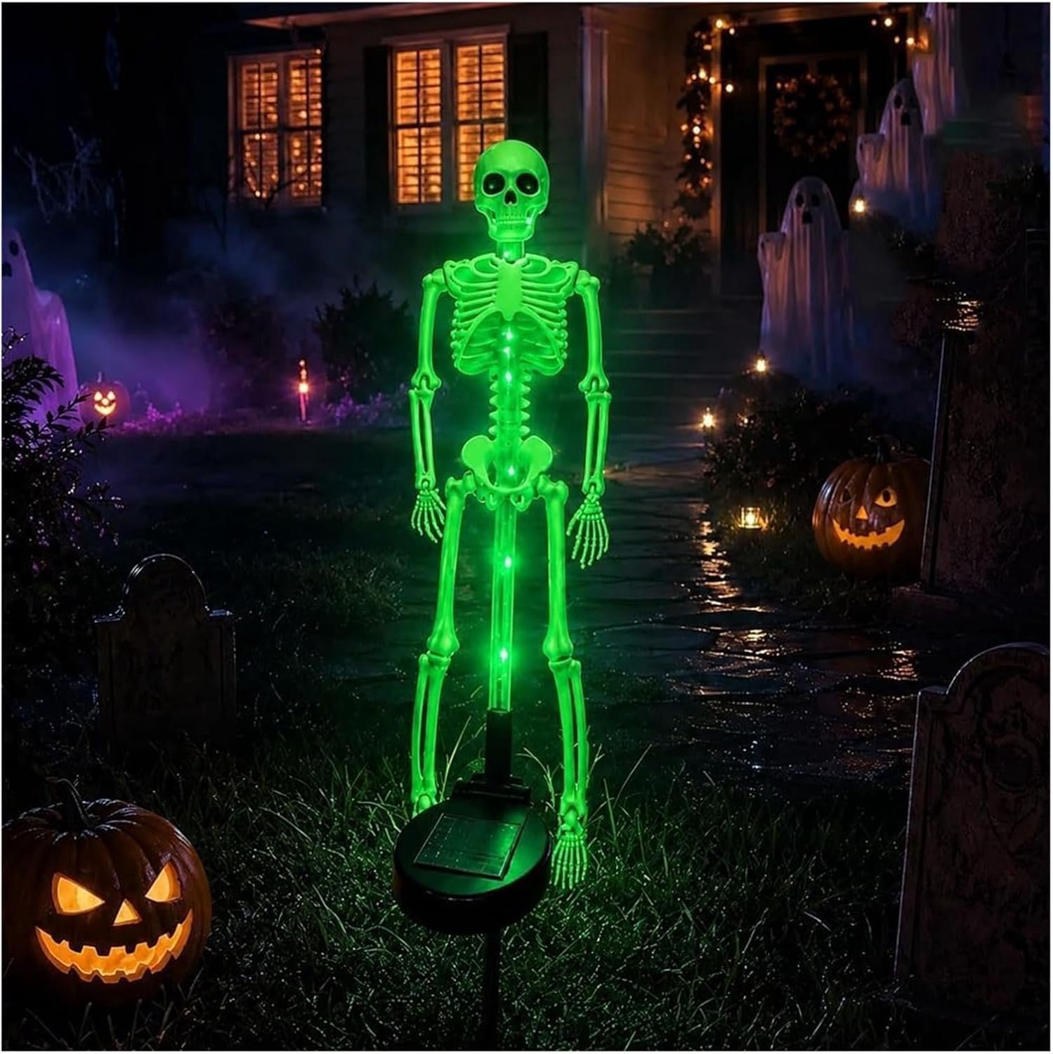 YAGXIG Skull Land Plug-in Light-Solar Garden Light-Buitentuinlicht-Halloween Decoratief Licht-Realistisch Gloeiend Skeleton Standbeeld-Solar Garden Pile Light-Halloween Skull Light-1 Stuk-Groen Licht