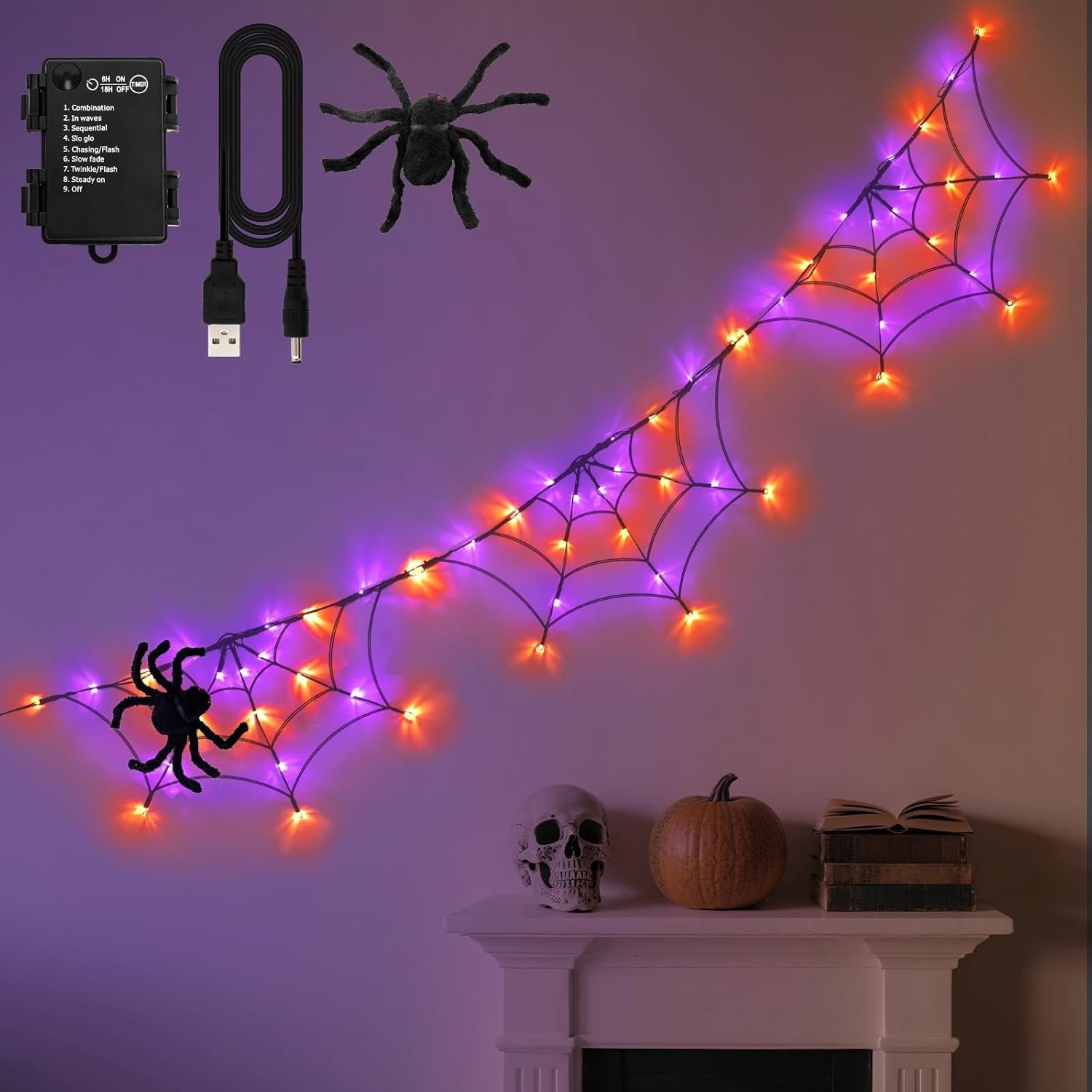 YAGXIG Halloween Decoratief Spinnenweblicht - 30YAGXIG Halloween Decoratief Spinnenweblicht - 30m - 60LED - Werkt op Batterijen/USB-voeding - 8 Modi - Binnen en Buiten Halloween Decoratie - Oranje en Paars