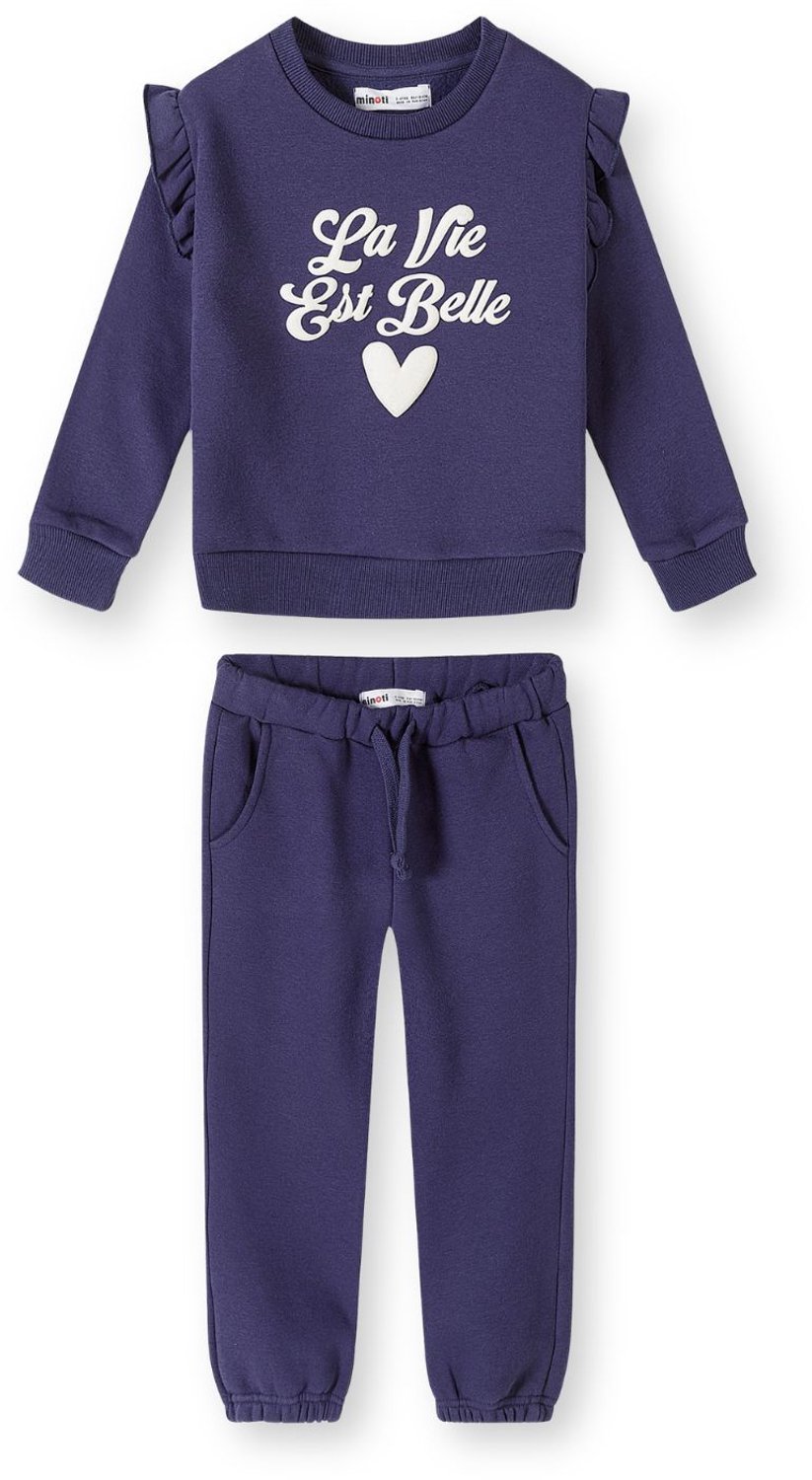 Minoti trainingspak meisjes – 2-delig – schouderruches en hartje – marineblauw