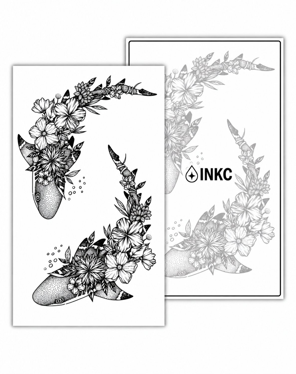 INKC - Tijdelijke Tattoo - Haaien met Bloemen Set - Nep Tattoo - Plak Tattoos - Blijft tot 2 weken - 11 x 18cm