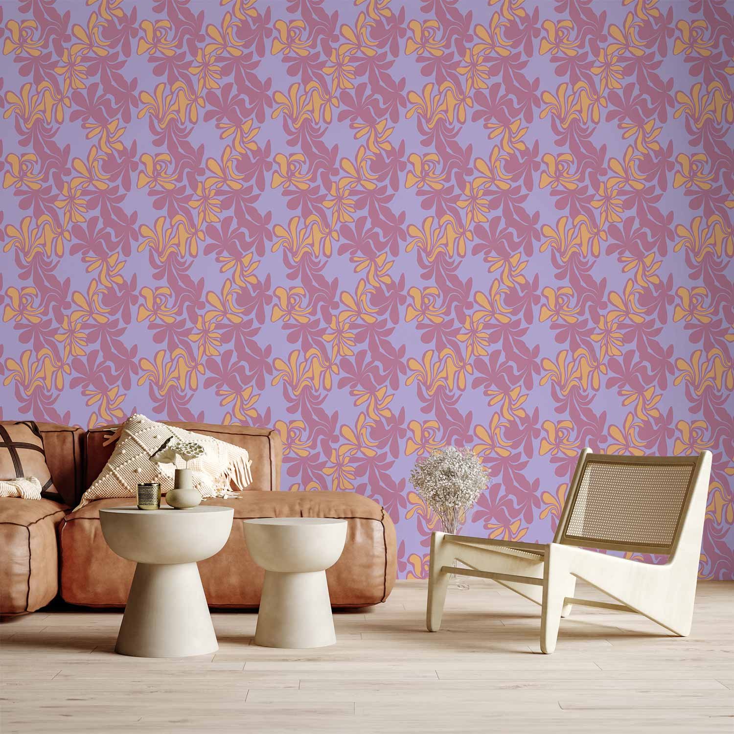Behang - Exotic - Two-Tone Flowers - Flowers in purple and orange on a blue background.