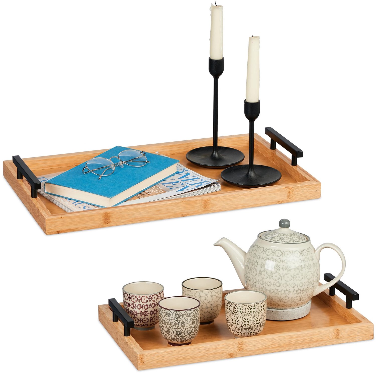 Famanu Set van 2 serveerschalen van bamboe, 7x50x30cm & 7x43x26cm, met handvatten, hoge rand Grijs