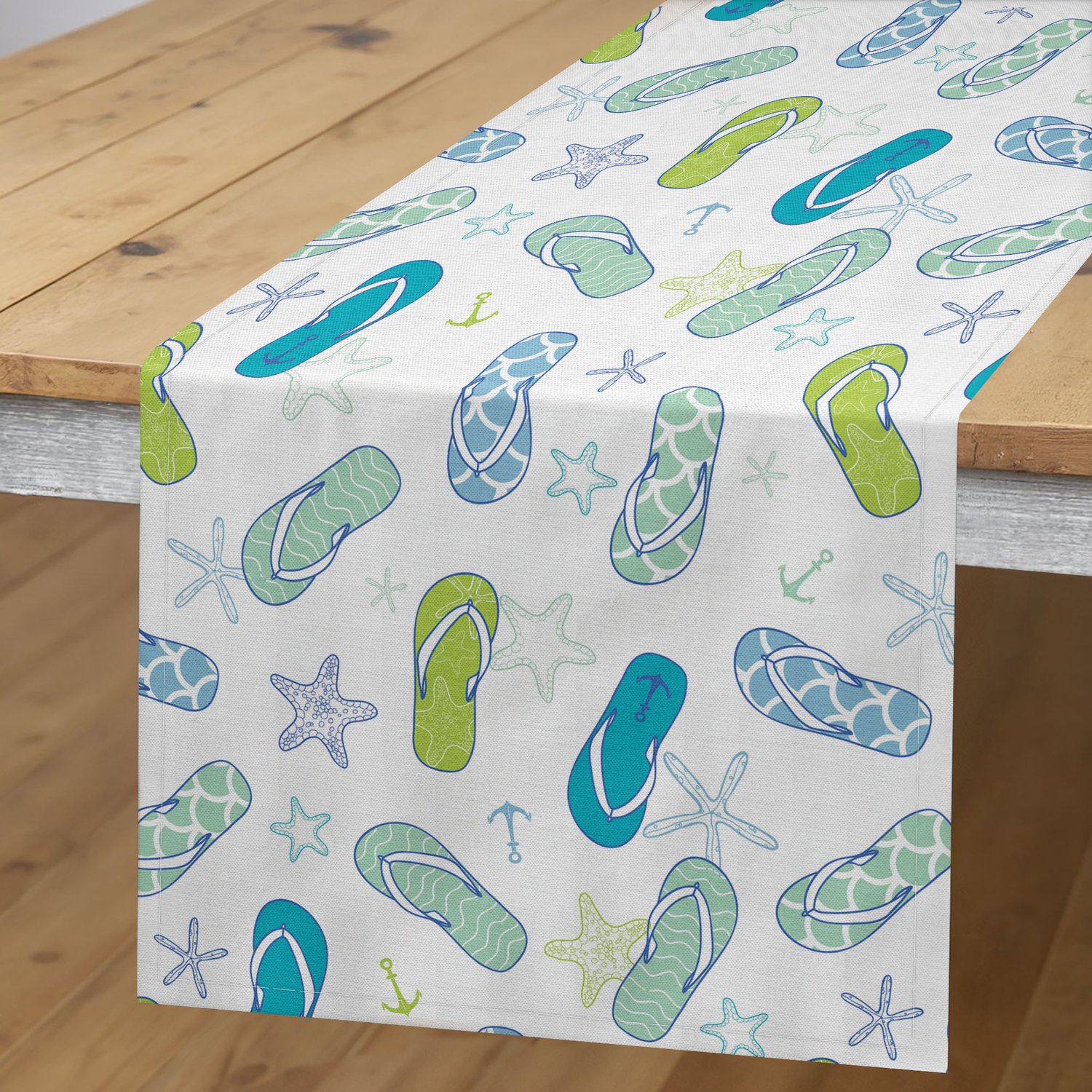 ABAKUHAUS Nautische Tafelloper, Slippers Strand Zwemmen Zomerseizoen Inspiratie Zeester, Rechthoekige Tafelloper voor Eetkamer en Keuken, 40 x 180 cm, Groen