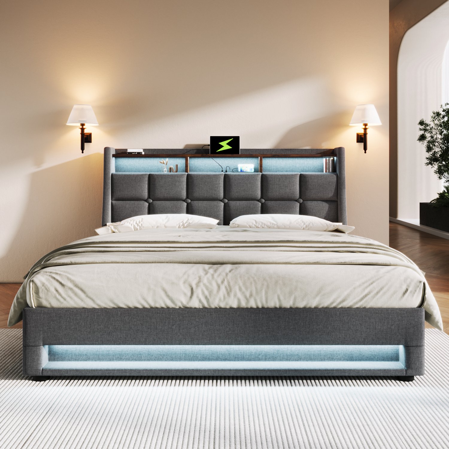 Gestoffeerd Bed 160x200 cm - Met Matras, Opbergruimte En Lattenbodem - LED Verlichting En USB - Grijs Linnen Bed Met Hoofdbord